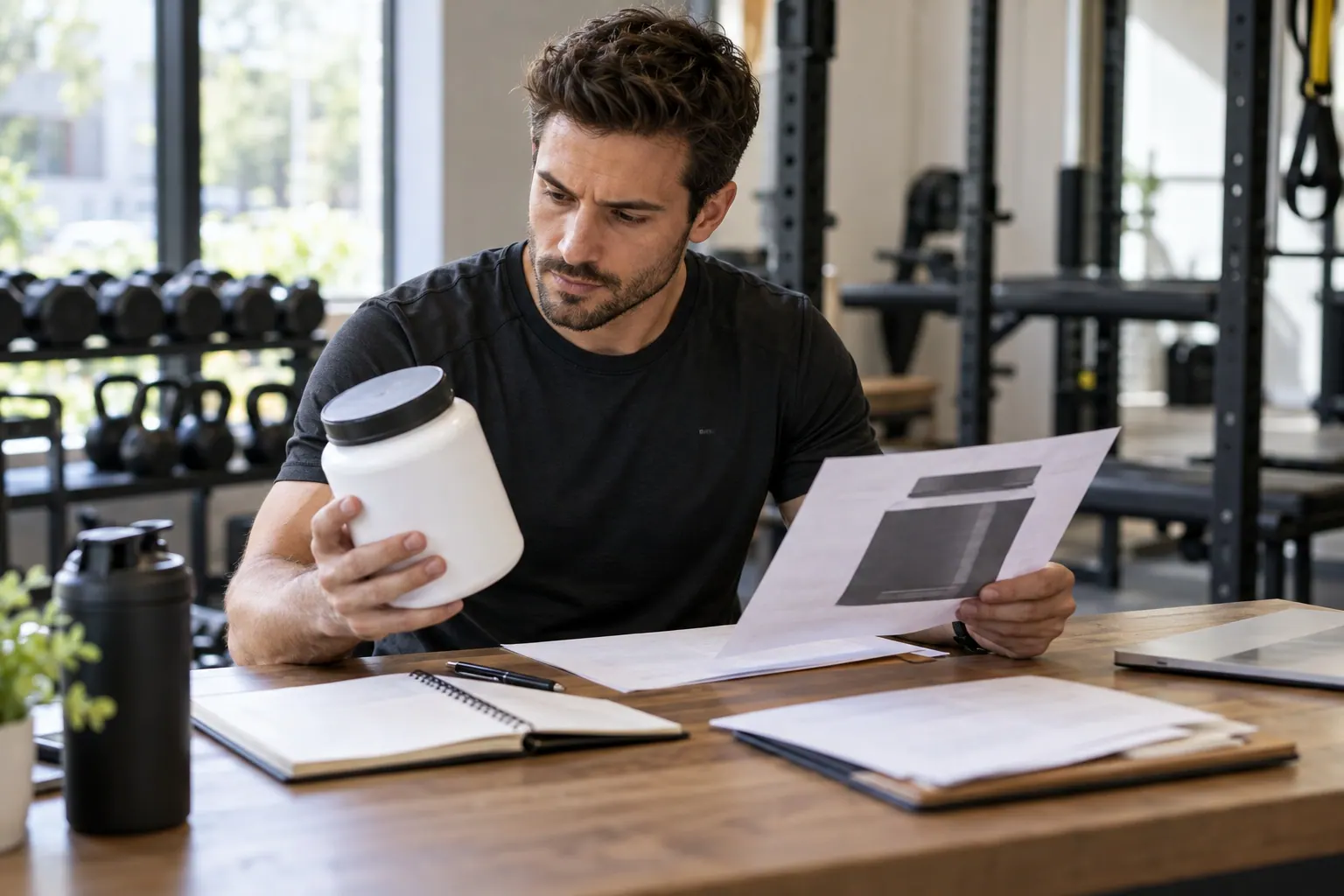 A trainer reviews a plain supplement label proof, ingredient notes, and a product document at a studio desk, with no readable text or client present.