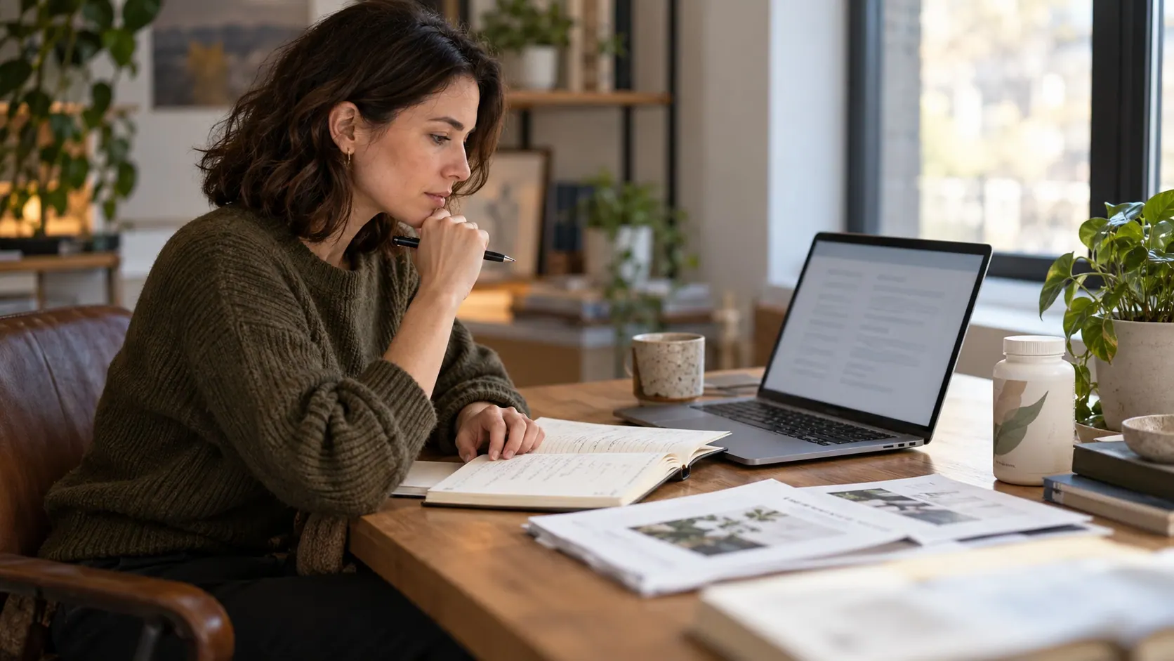 A content strategist checks source notes and a retrieval result during a focused review.