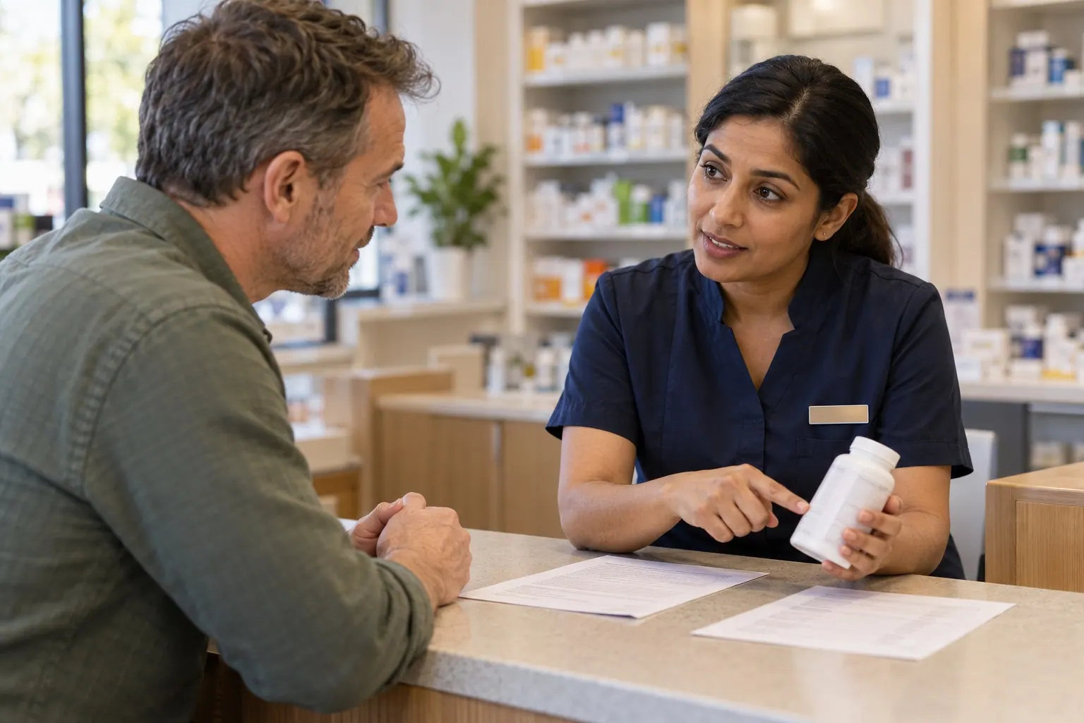 A pharmacist listens as a customer asks about a supplement and medication.