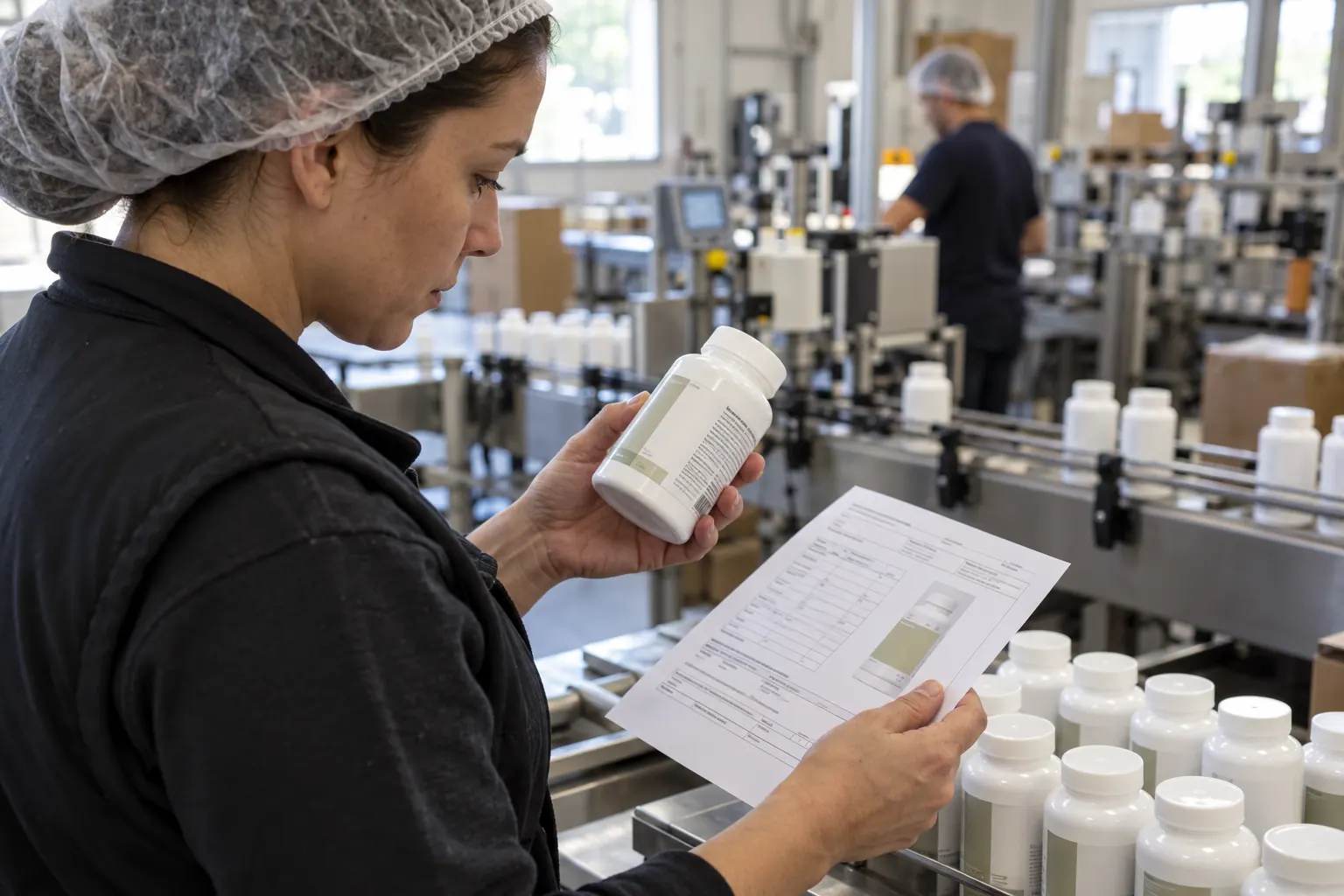 A quality-control specialist checks a supplement batch label on a small packaging line.
