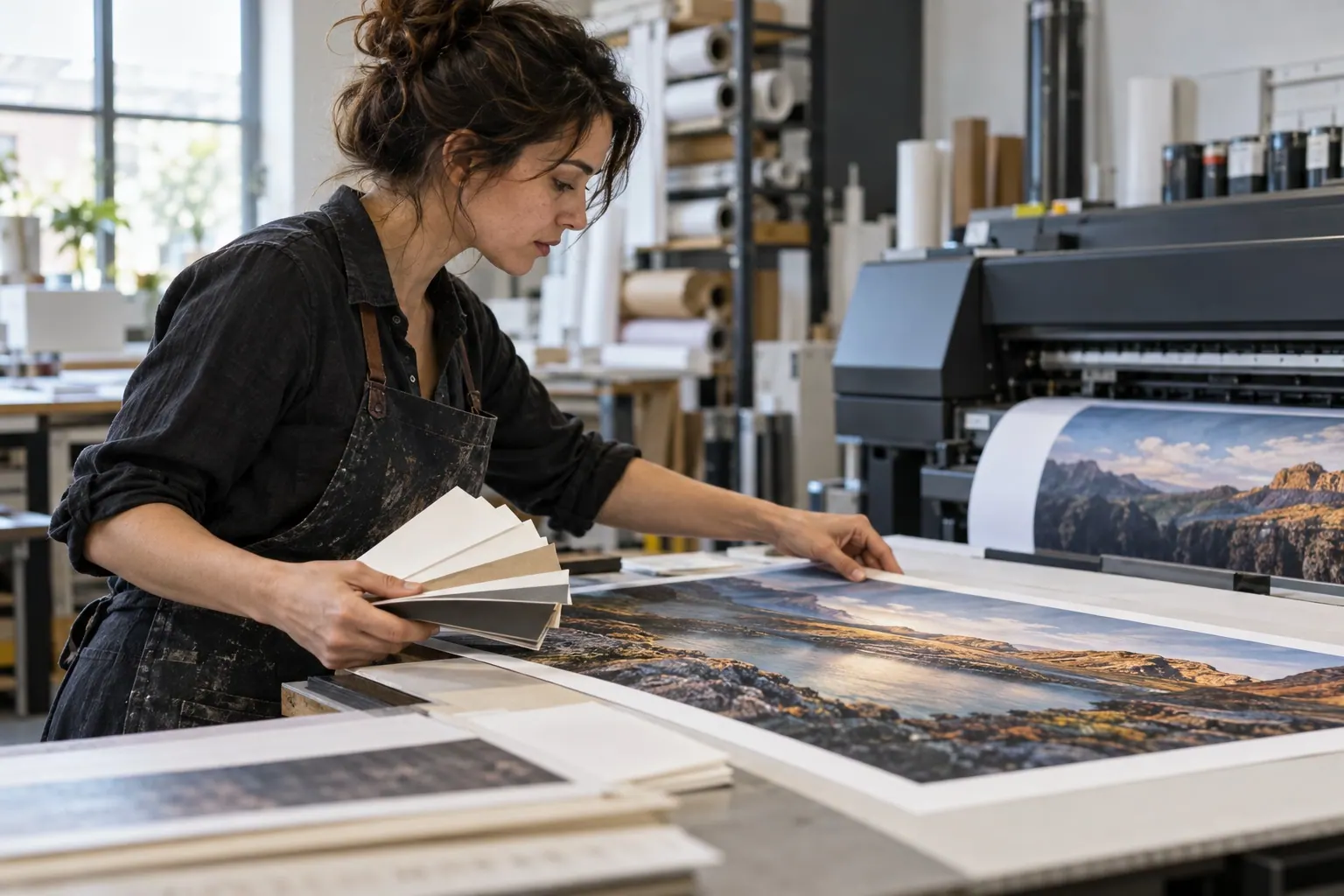 A creative team prepares printed project materials in a production studio.
