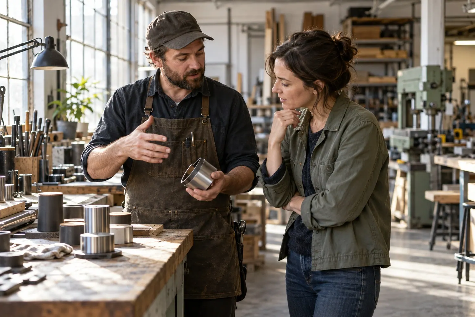 A designer and client review a completed project and discuss next steps.