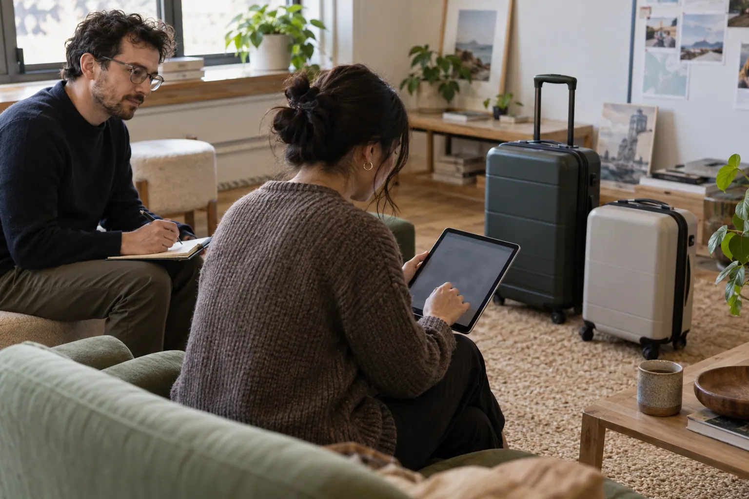A researcher observes a traveler testing a product-preference quiz with a tablet.