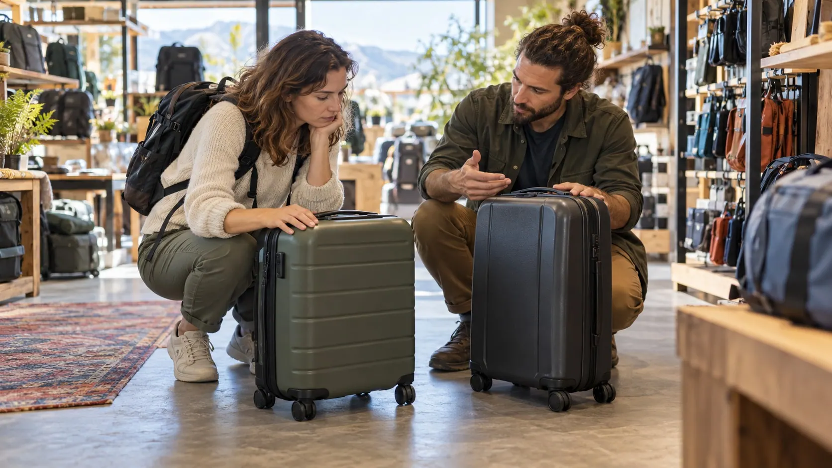 A traveler and shop advisor compare carry-on options while discussing practical preferences.