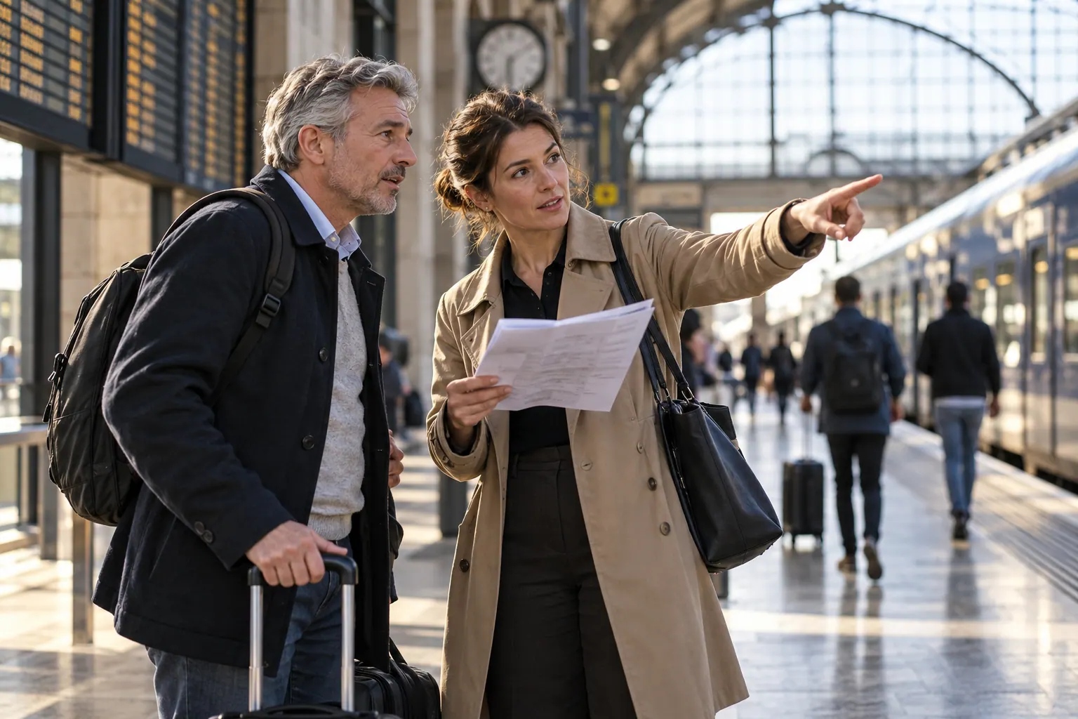 A travel advisor and traveler pause in a city train station to review the next step in their itinerary.