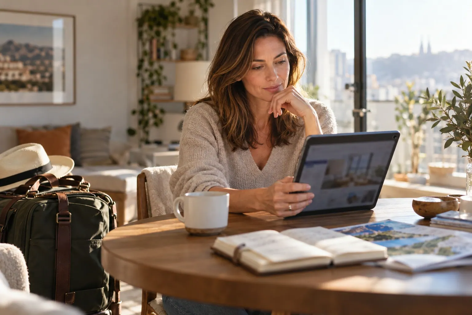A traveler reviews hotel information on a tablet at home before choosing a place to stay, with a travel bag and notes nearby.