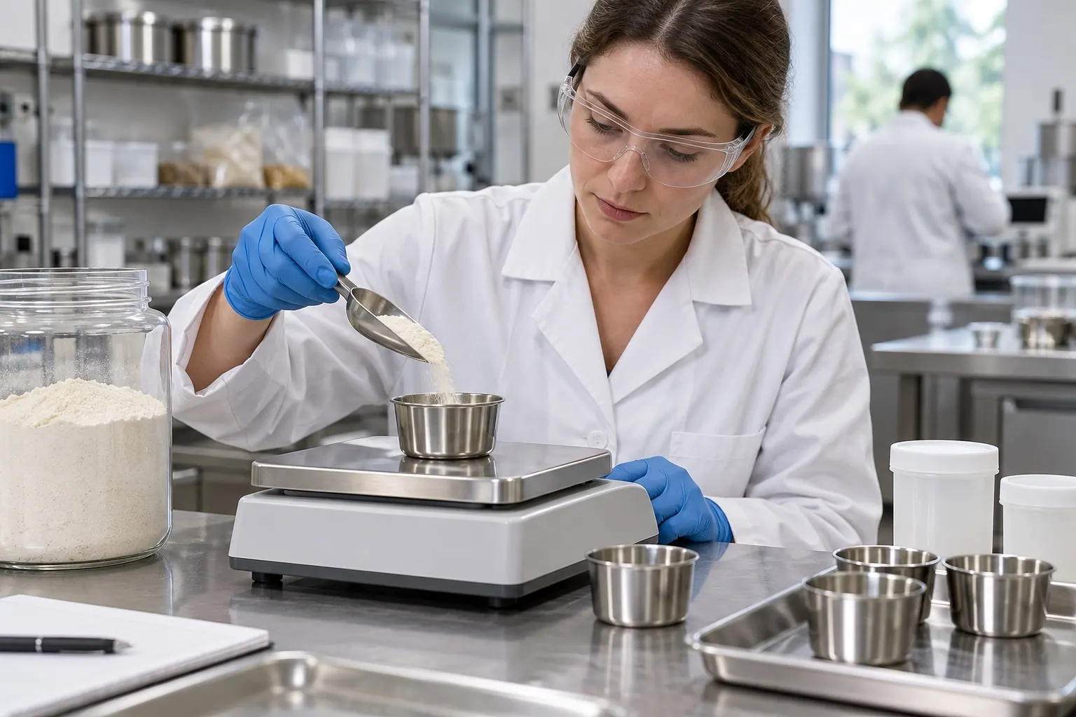 A food scientist weighs a powdered ingredient into a small stainless vessel in a clean laboratory.