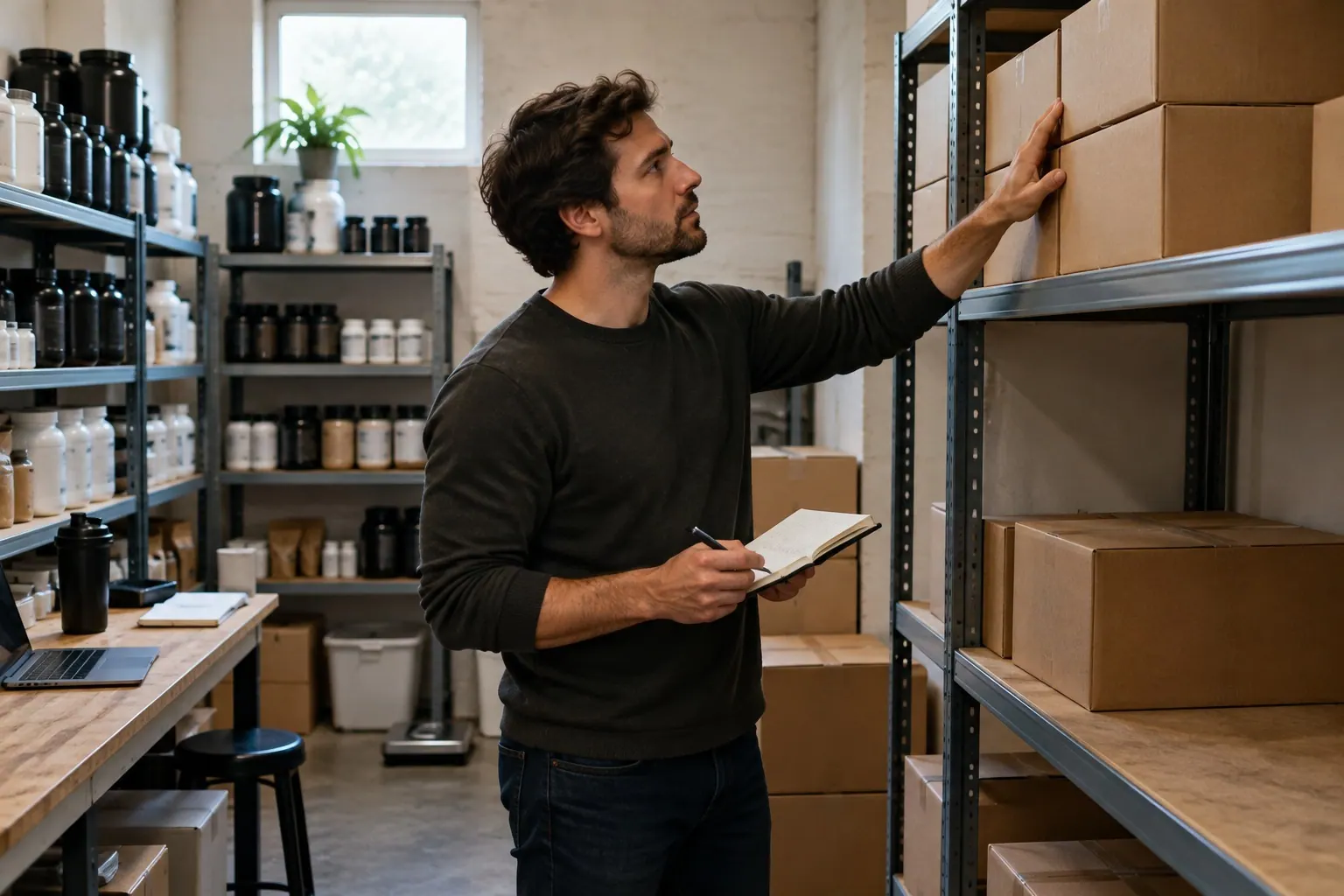 A founder checks a limited stack of plain supplement cartons in a modest storeroom.