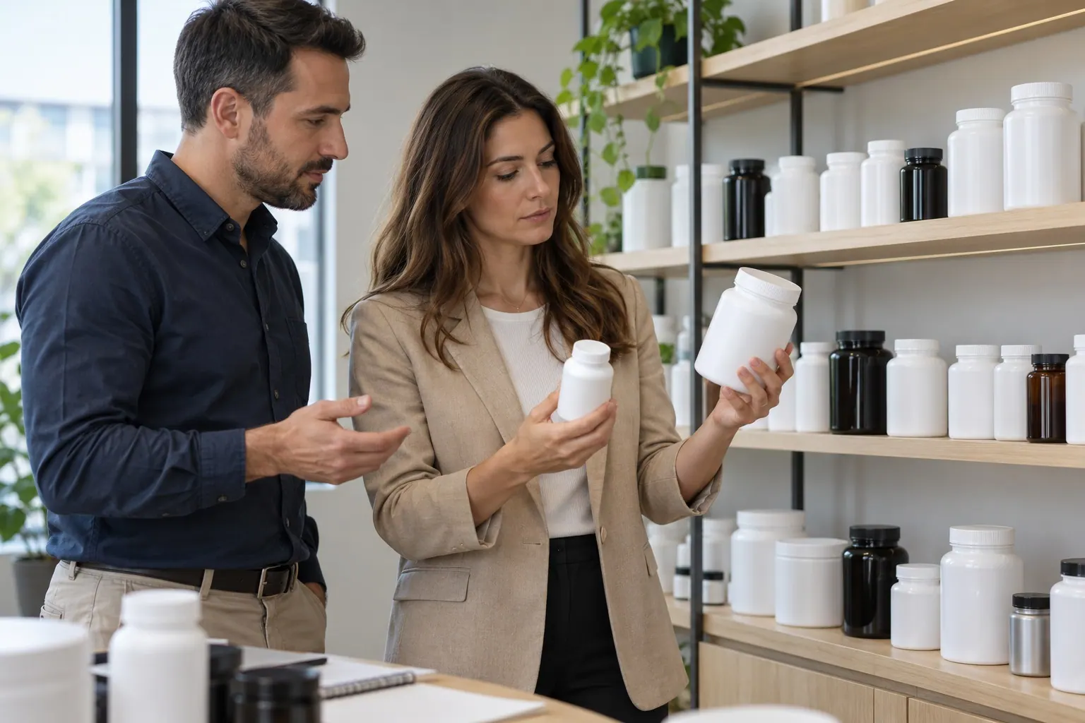 A wellness founder compares plain ready-to-label supplement bottles in a supplier product room.