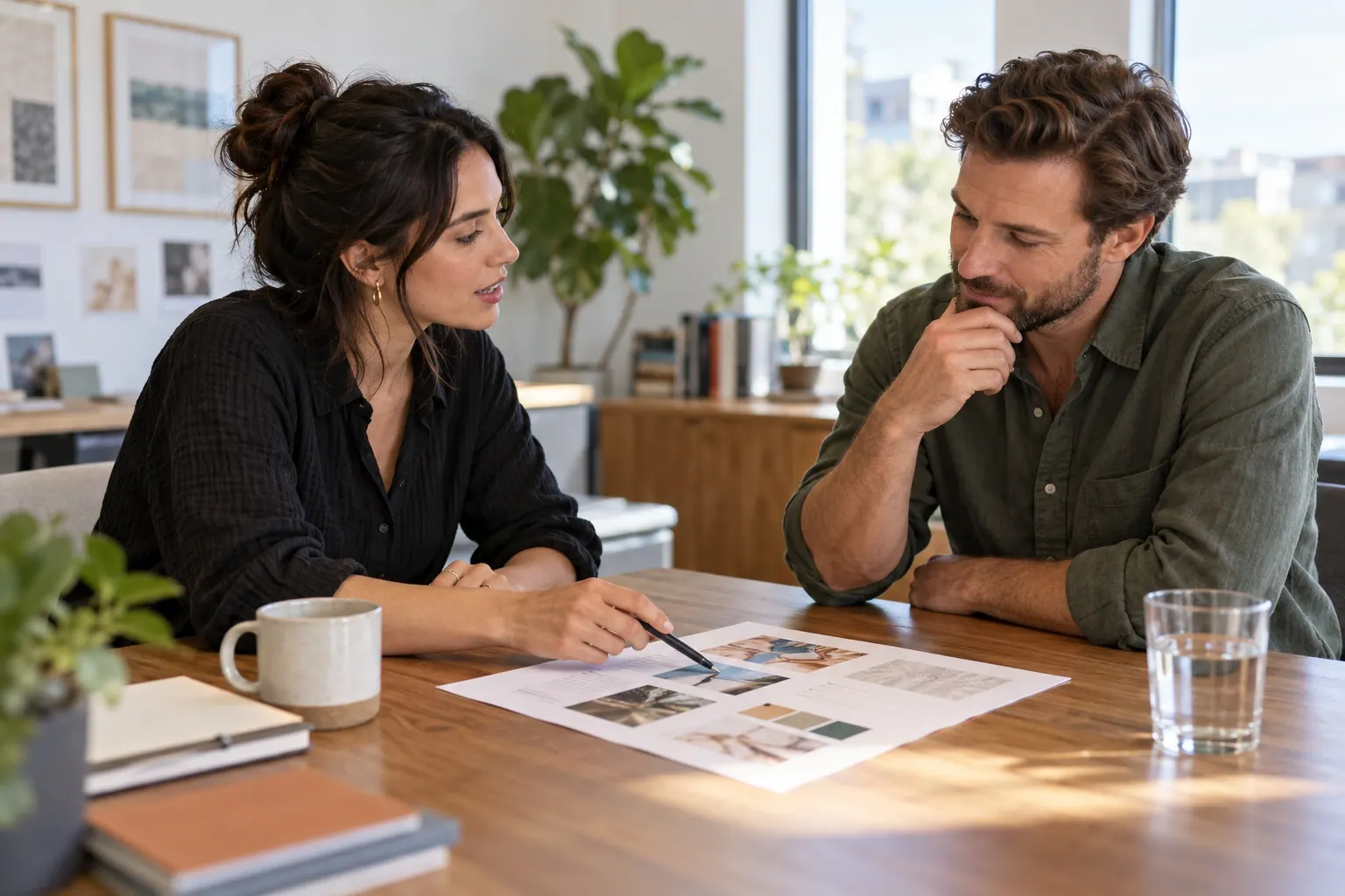 A designer and client review visual materials and discuss project requirements.