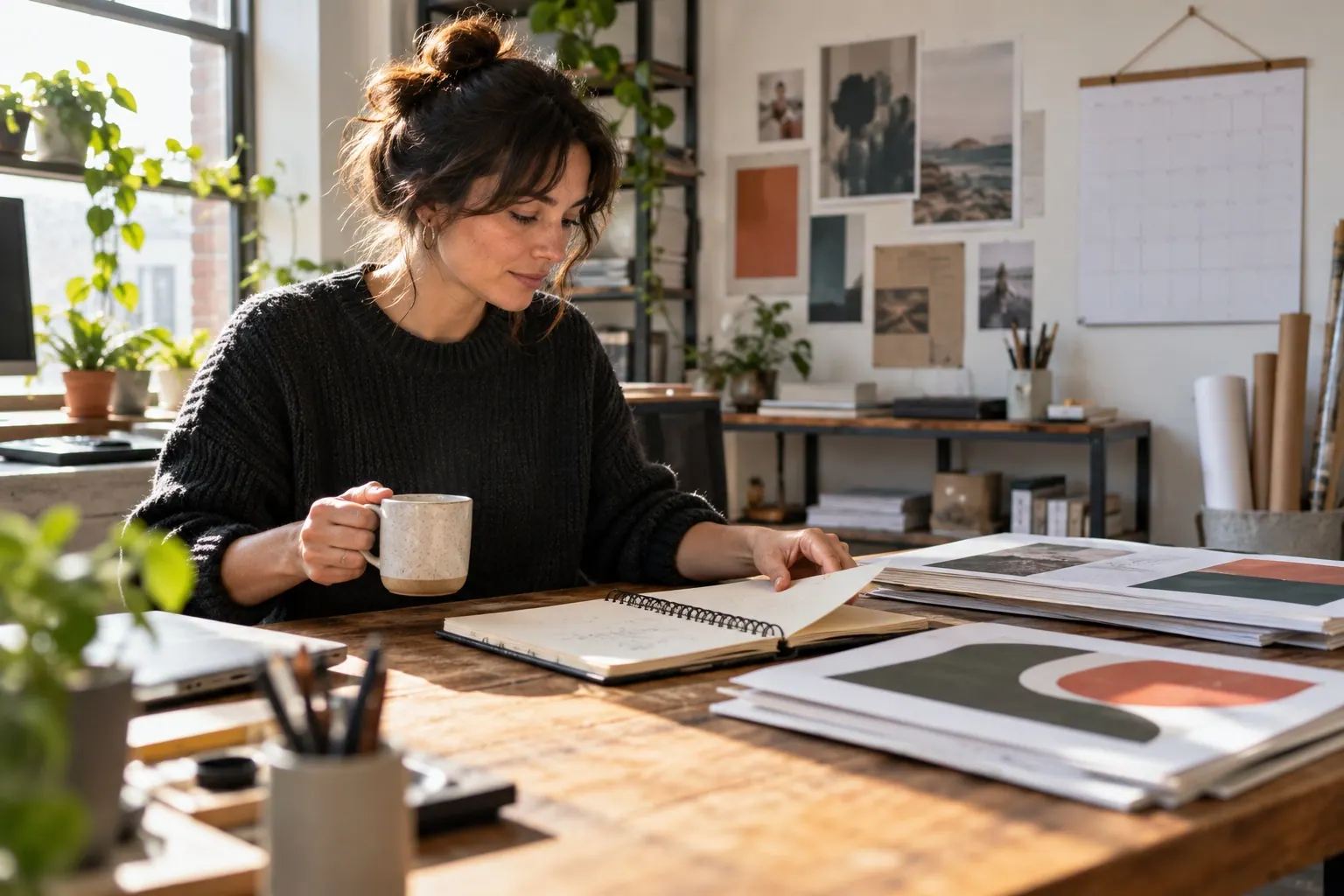 A designer reviews creative work at a desk with a laptop and calendar.