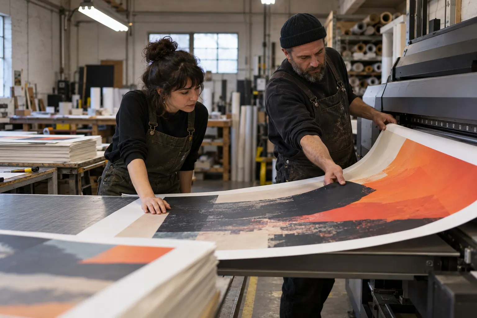 Two print-shop workers inspect a large-format color proof before production.