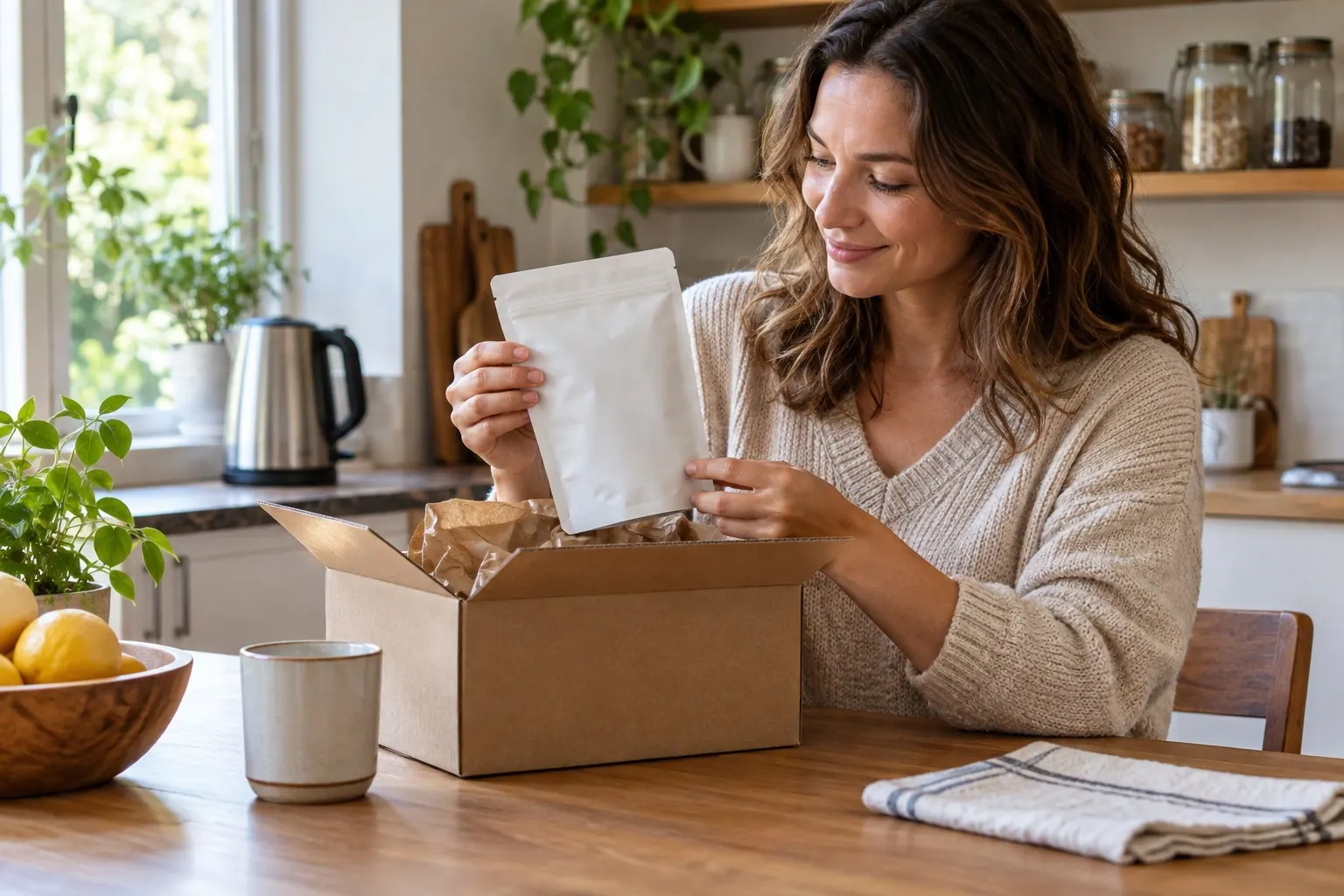 A customer at home opens a delivery containing an unbranded supplement pouch.