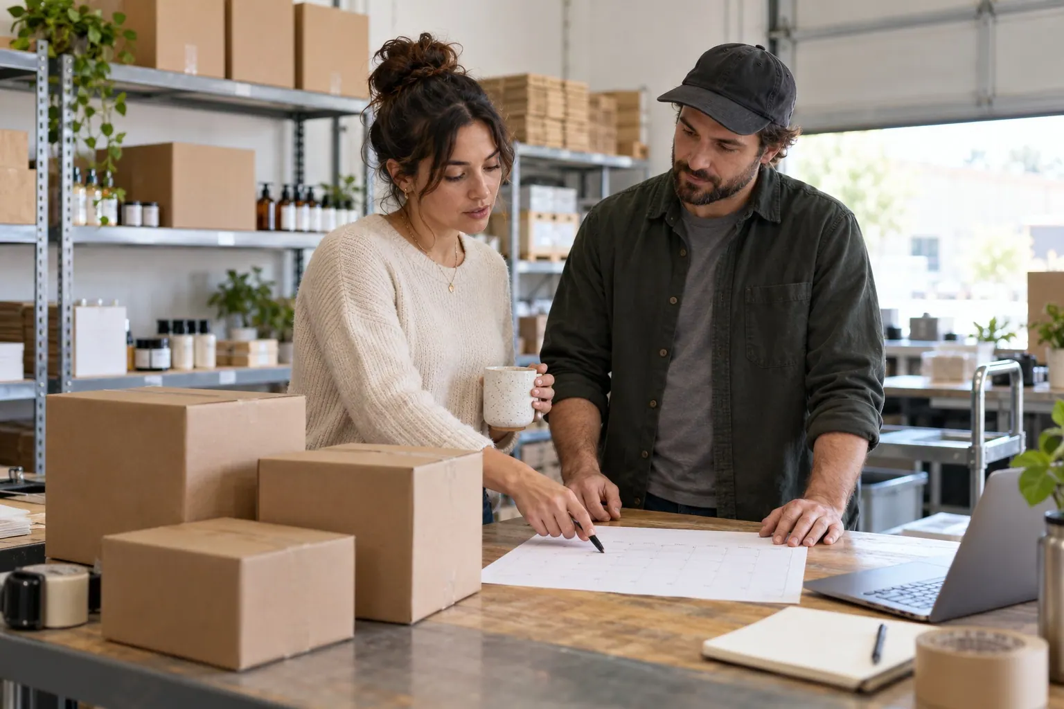 A small brand owner and fulfillment partner review a shipment schedule beside outgoing cartons.