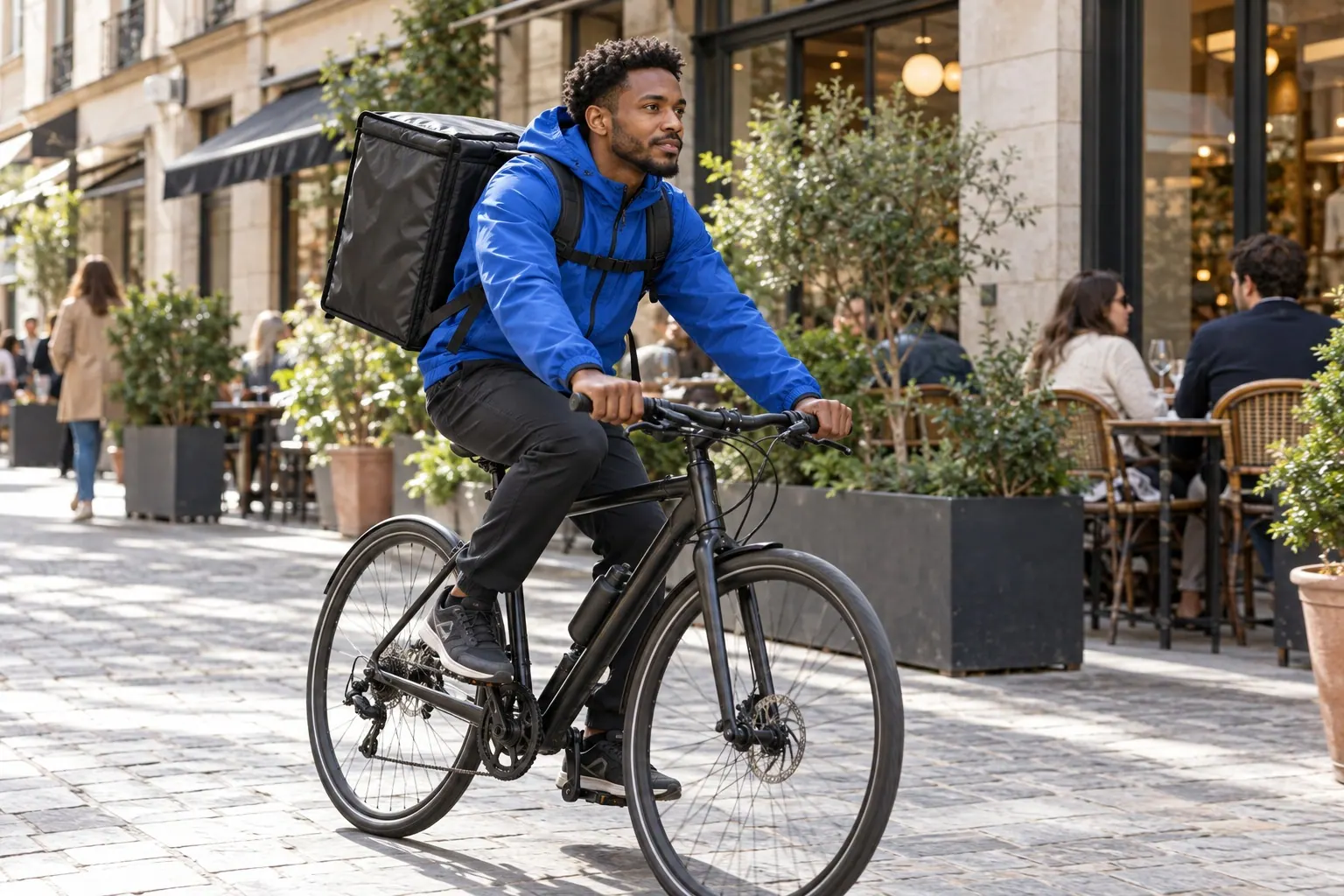A bicycle courier in a plain cobalt jacket rides past restaurant storefronts with an insulated food bag.