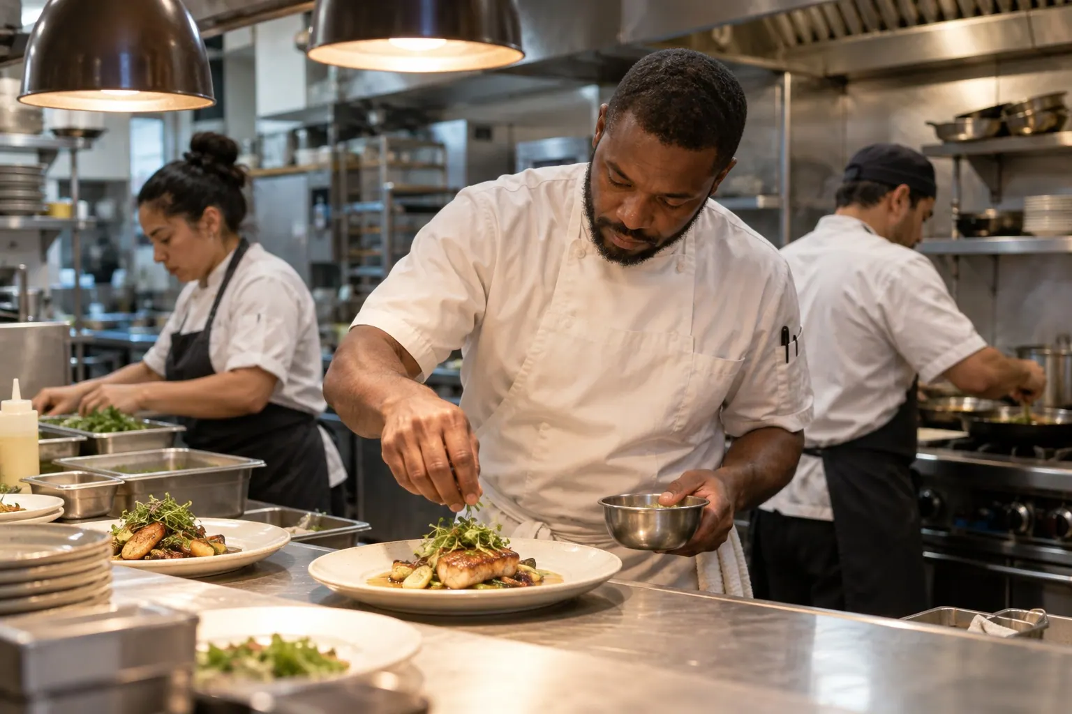 A chef plates a dish on a busy restaurant line in a plain kitchen uniform.