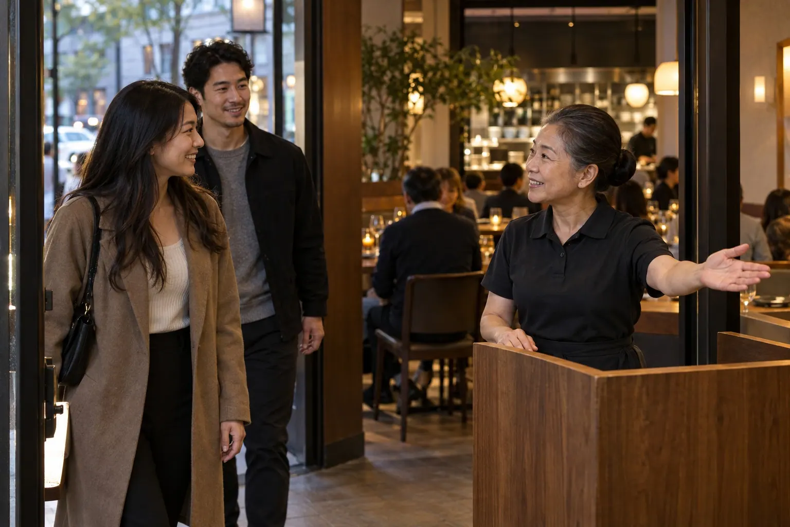 A restaurant host welcomes guests at the entrance in a structured dark polo.