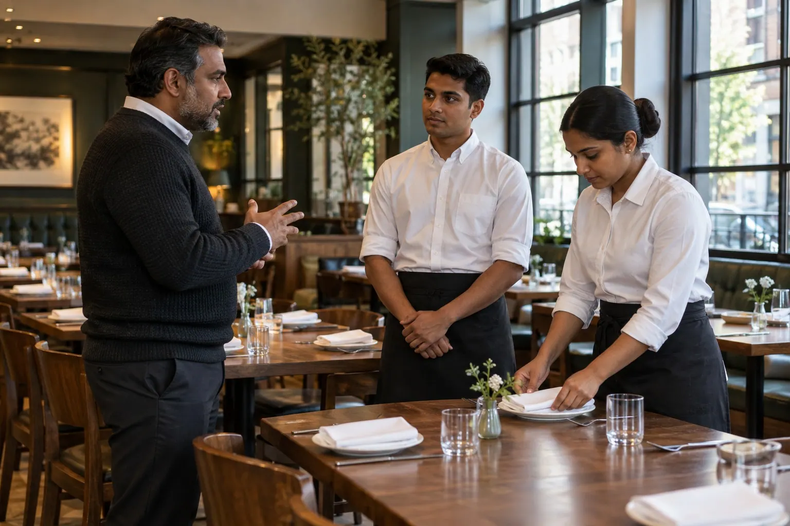 A restaurant manager briefs two floor staff in the dining room before service.