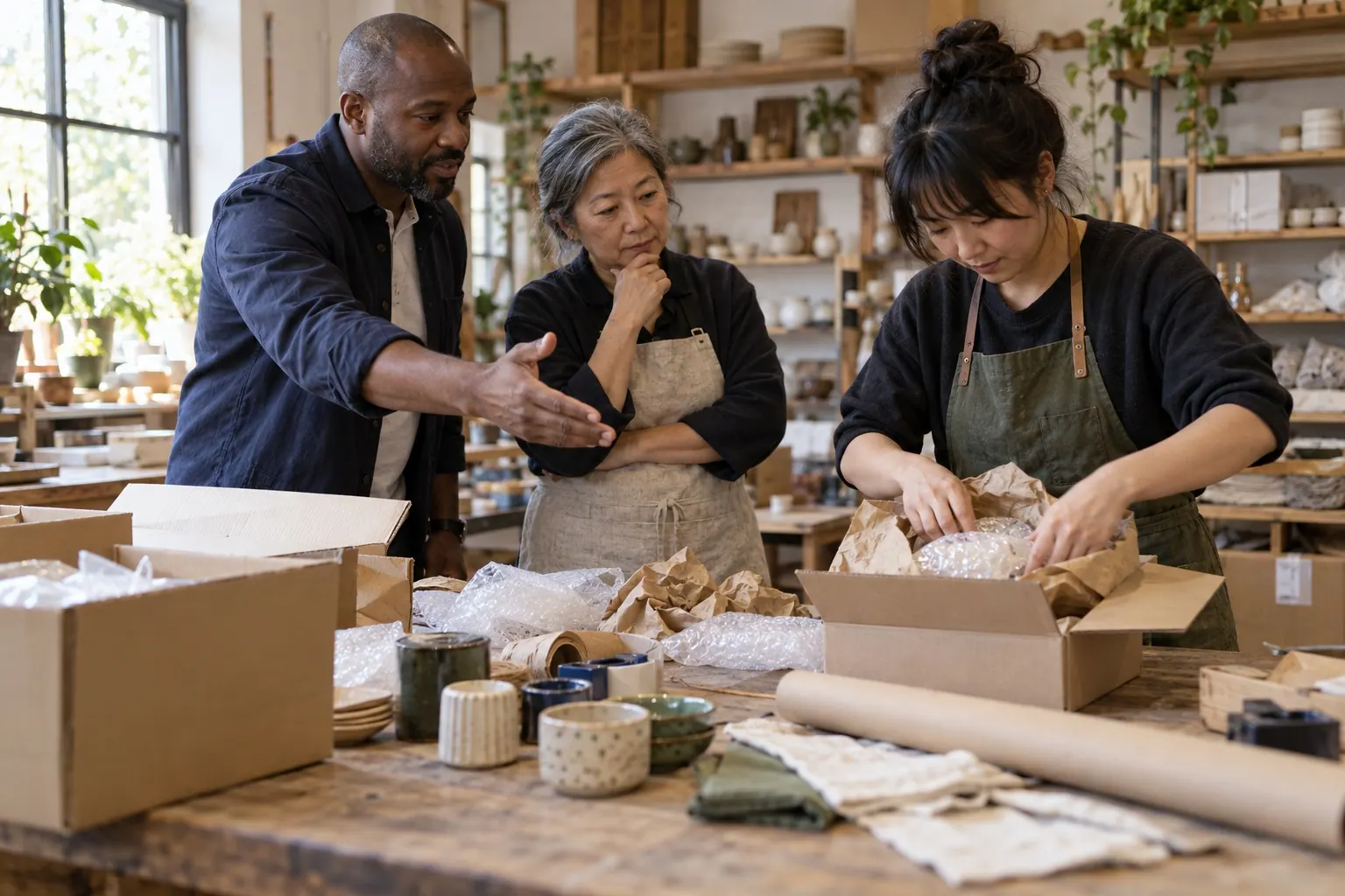 A consultant advises a small team while they inspect product and brand materials.