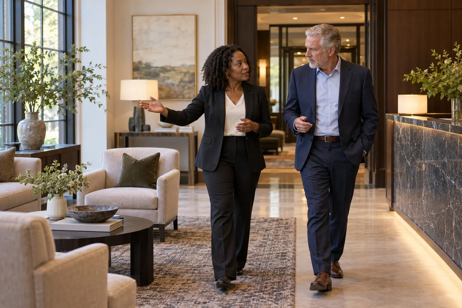 A consultant and client review brand strategy materials during a meeting.