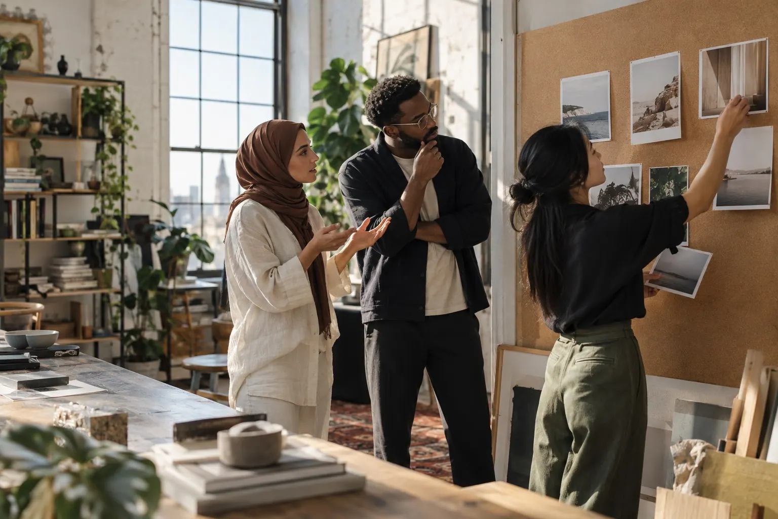 A team discusses positioning while comparing brand boards in a workshop.