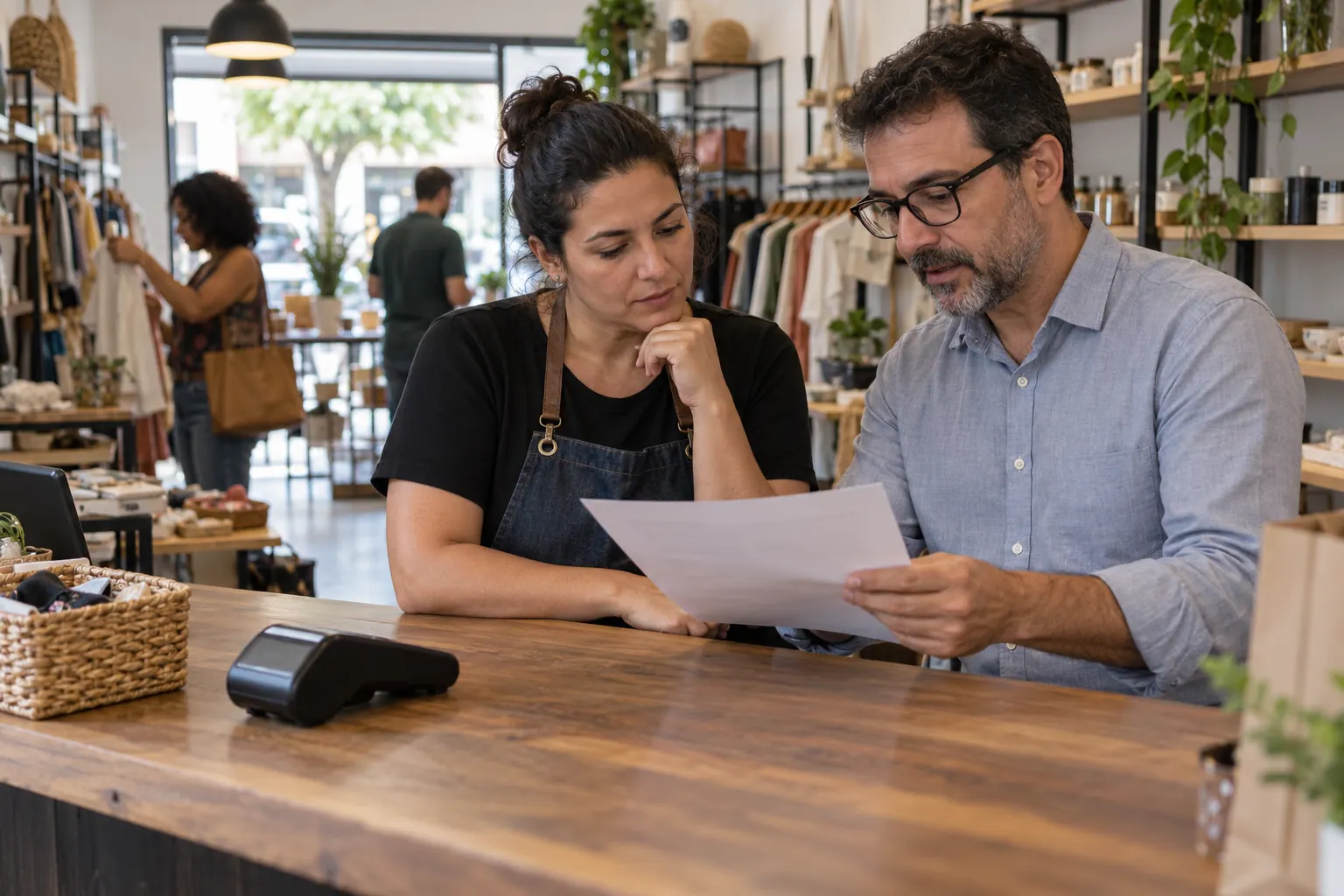 A shop owner and bookkeeping professional review a billing document at a small retail counter.