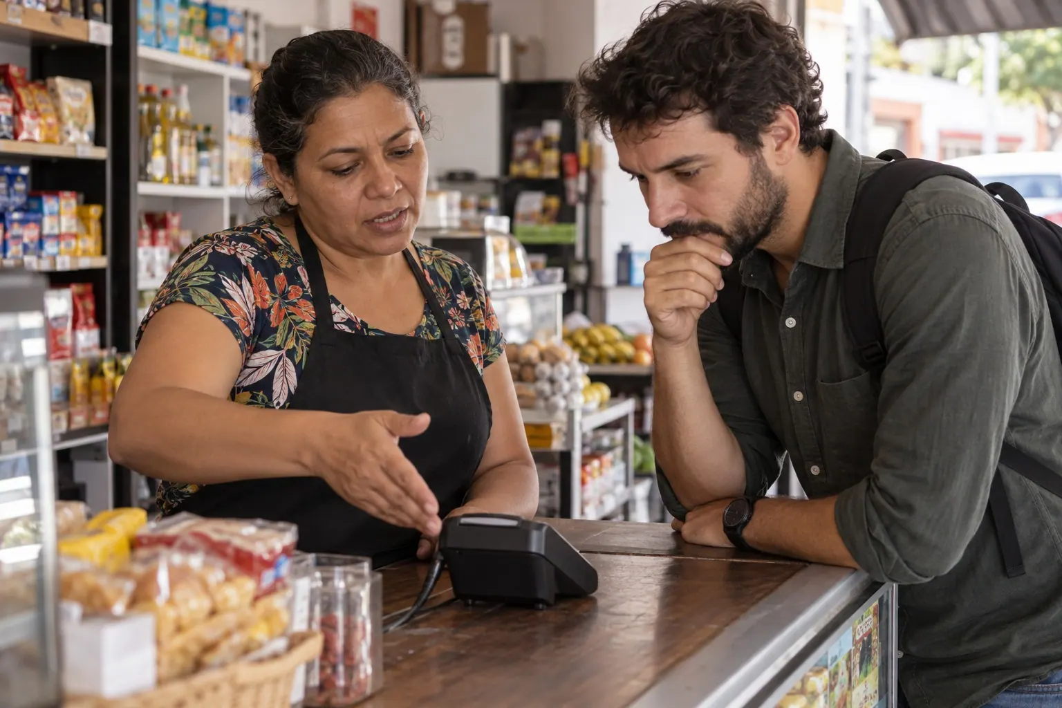 A shop owner and a software product manager review an onboarding and payment question together at the counter.