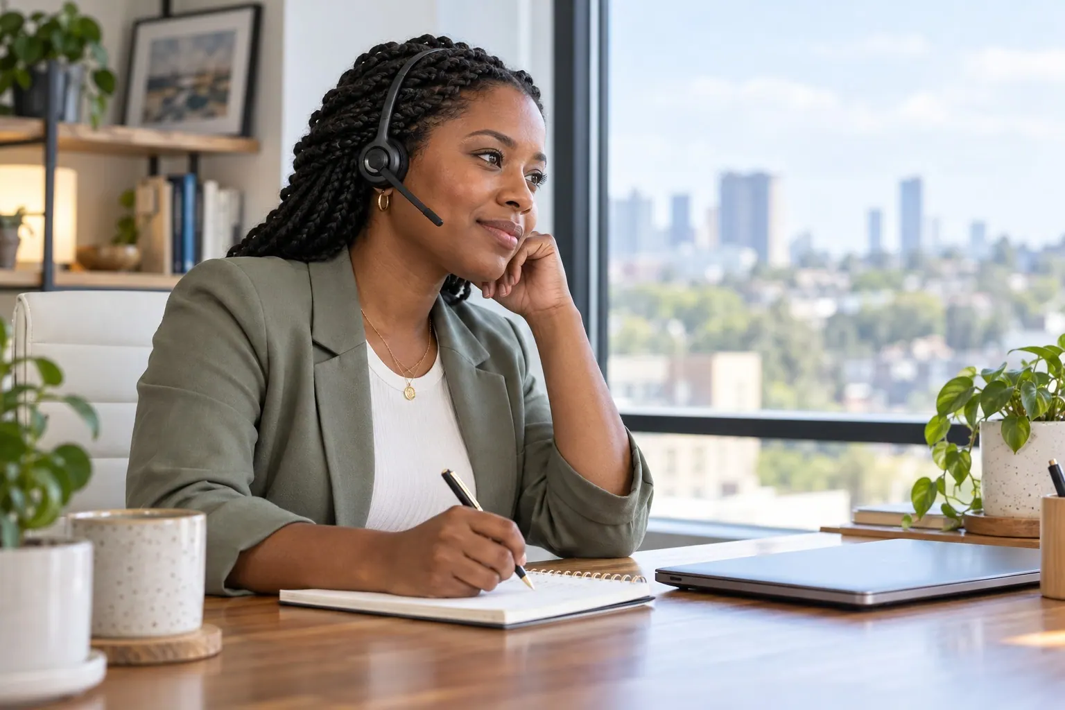A support specialist listens to a local business owner describe a product-access issue during a phone call.