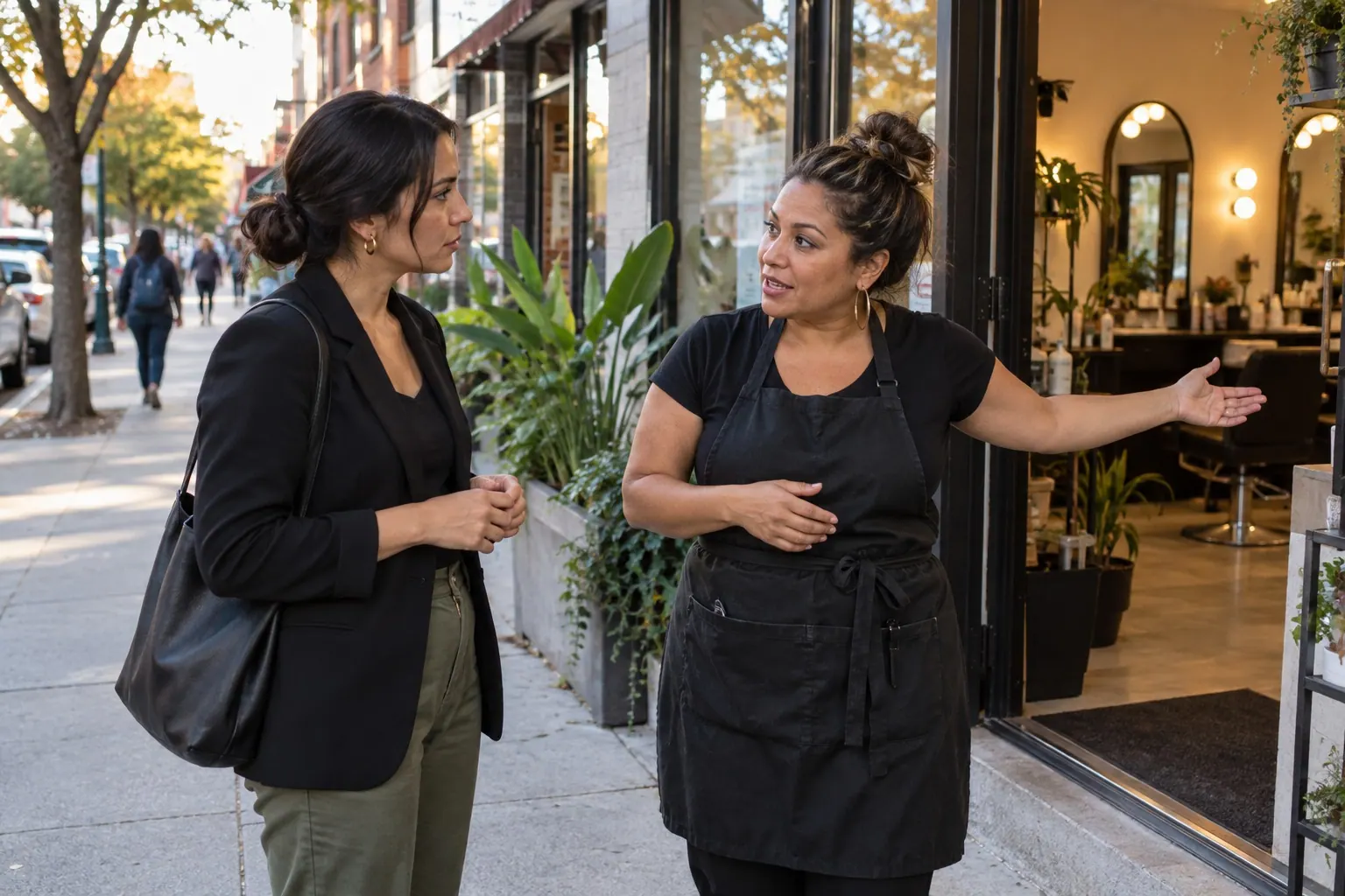 A freelance consultant reviews notes outside a neighborhood salon after checking its public website and profile.