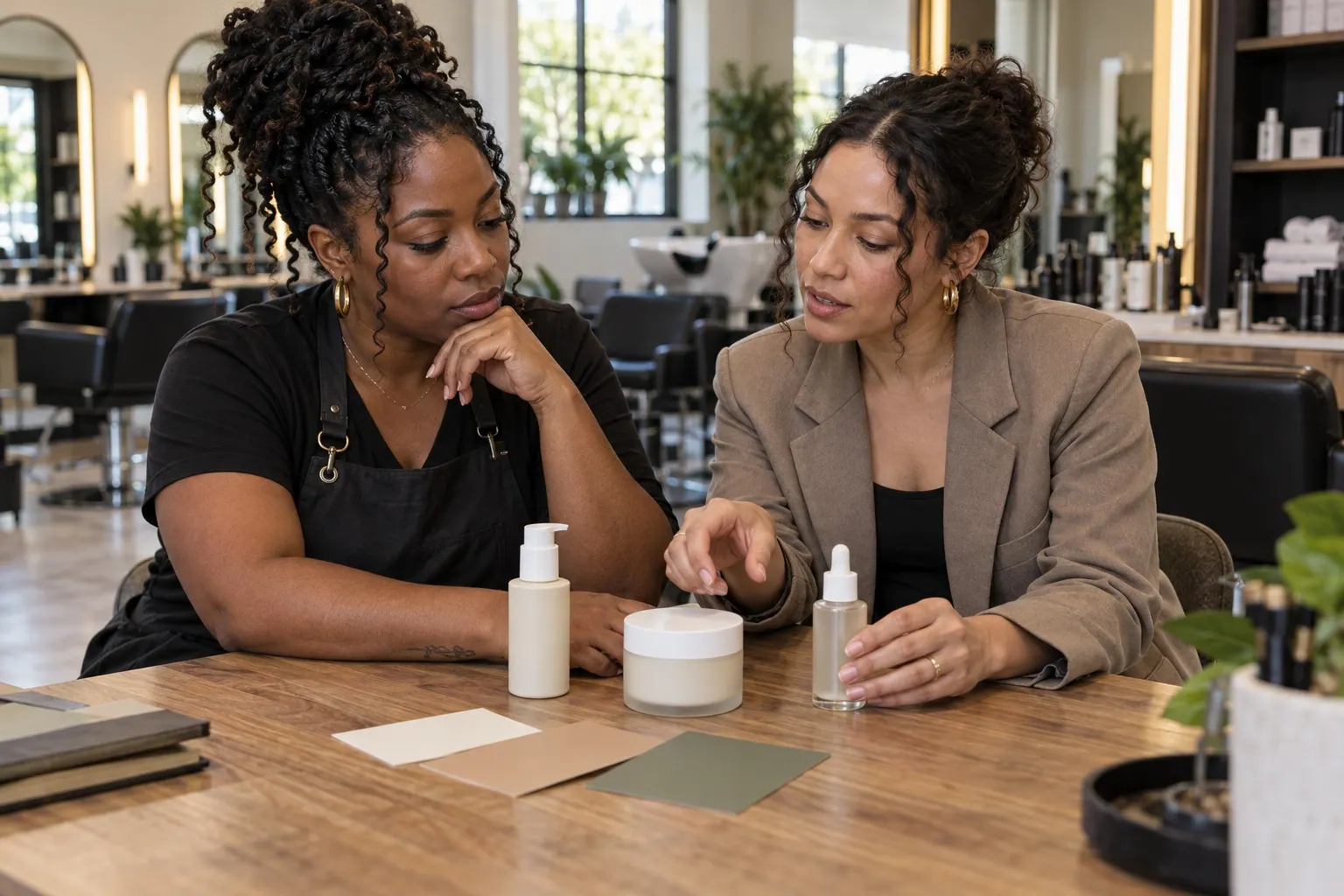 A salon owner and packaging designer compare plain product containers beside draft packaging layouts.