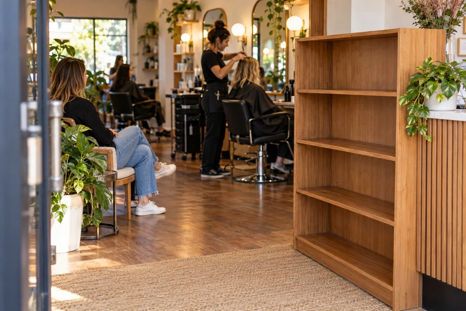 Stylists work with clients near a small display shelf in a neighborhood salon.