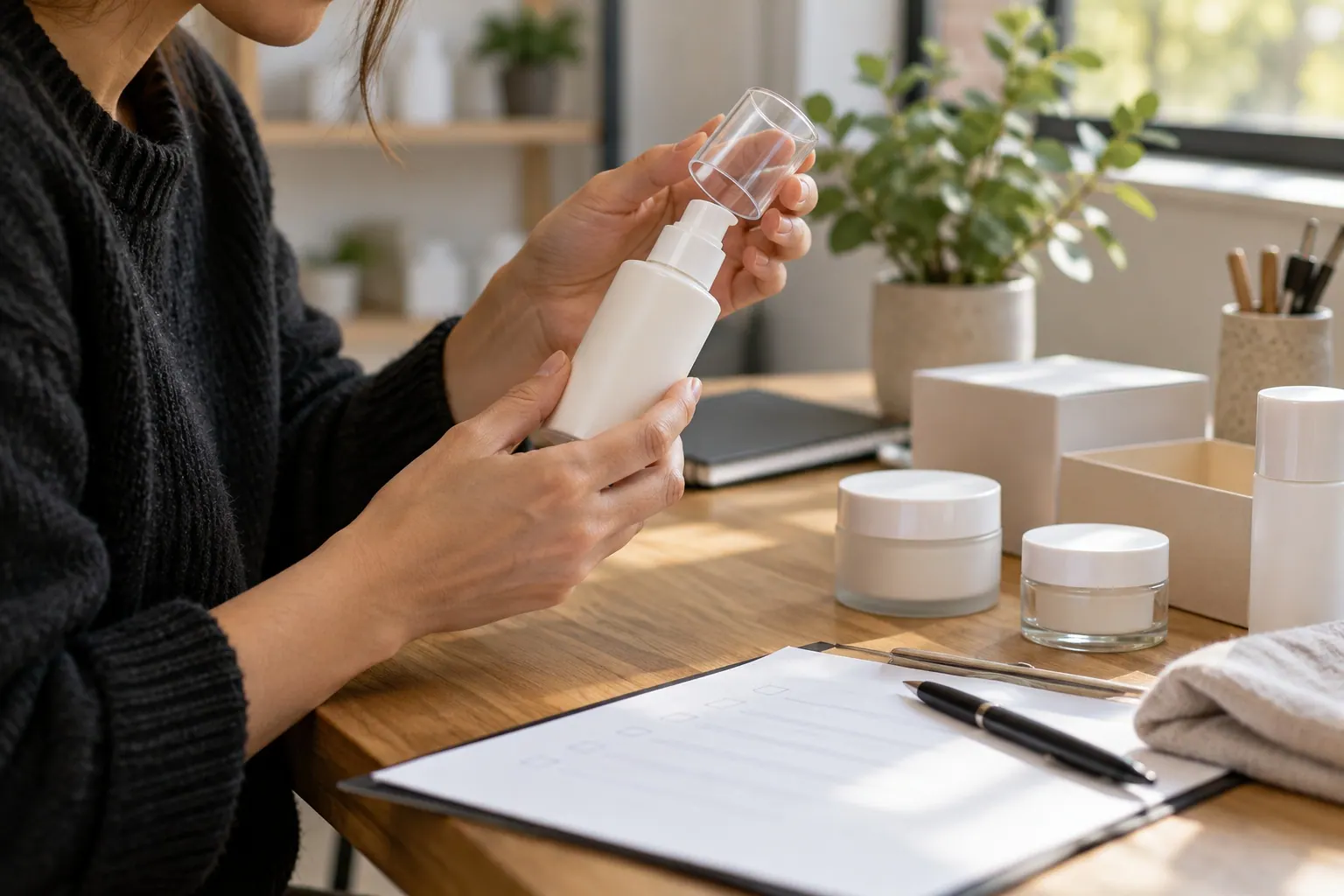 A founder’s hands inspect the closure of a plain skincare pump bottle beside unbranded sample jars and an unreadable checklist.