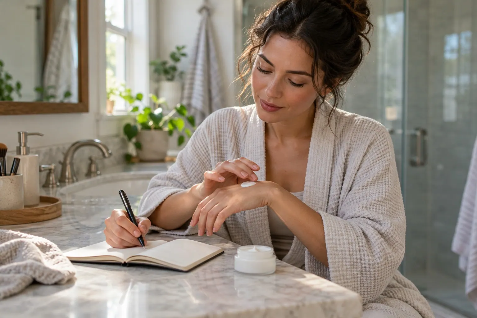 A person follows a skincare routine at a bathroom mirror and writes a brief sensory note in a small notebook, with no visible claims or readable text.