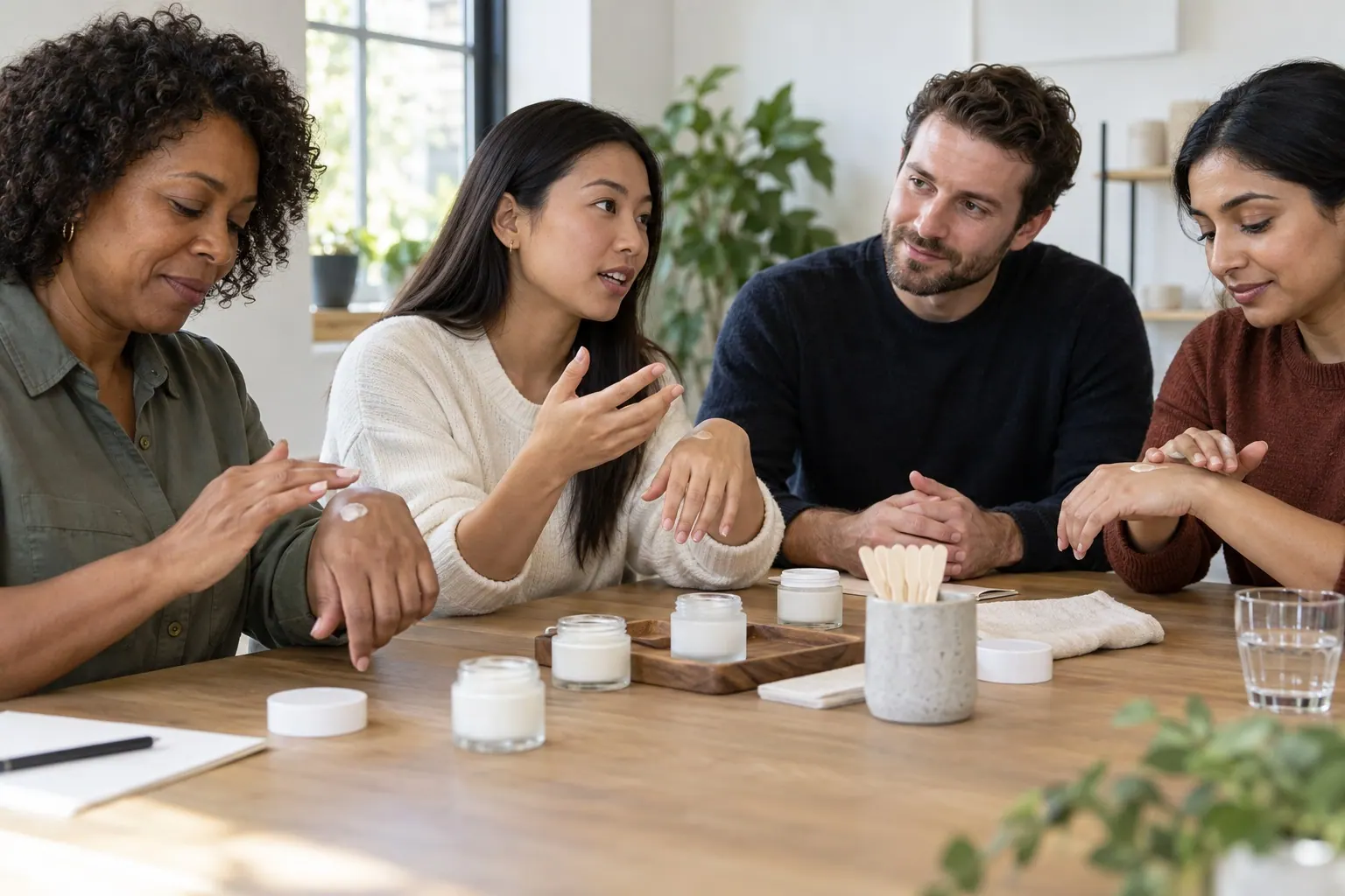 A small, diverse group discusses the feel and packaging of plain skincare samples around a table, with a founder taking notes and no one posing for a testimonial.