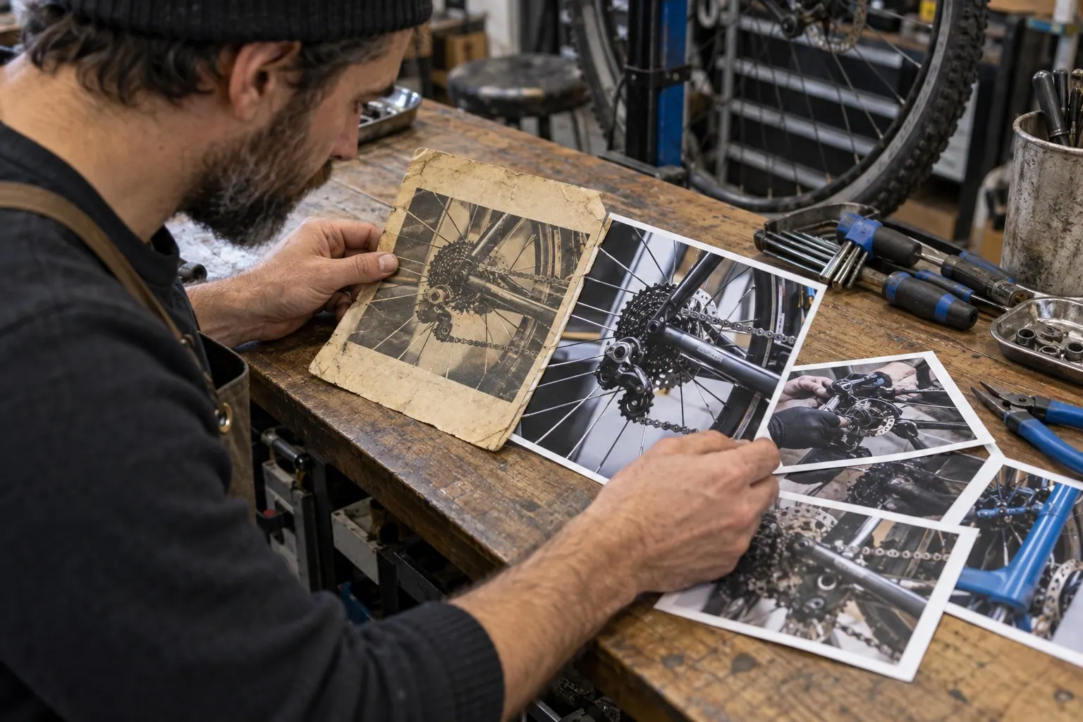 A bicycle mechanic compares printed service photographs and a brochure at a workbench.