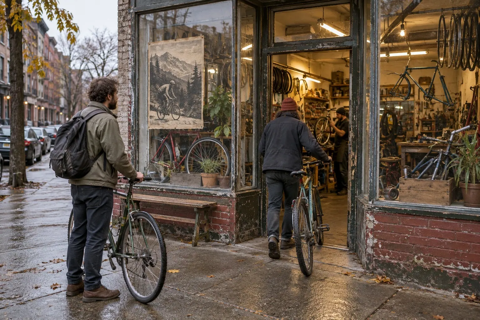 A customer stands outside an independent bicycle shop while looking at the storefront.