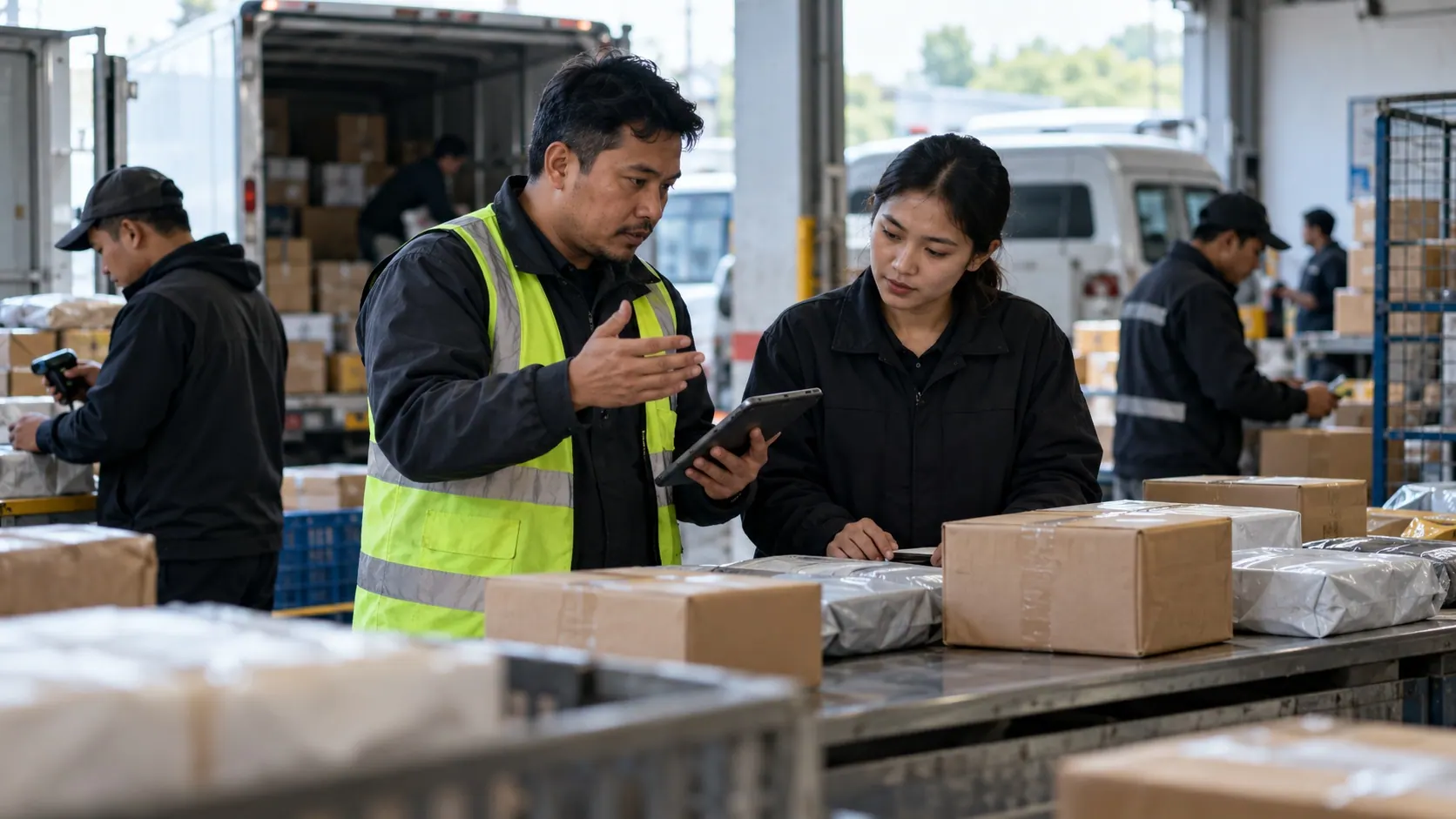 A fulfillment supervisor and campaign operator review parcel capacity with depot staff during a busy seasonal shipping period.