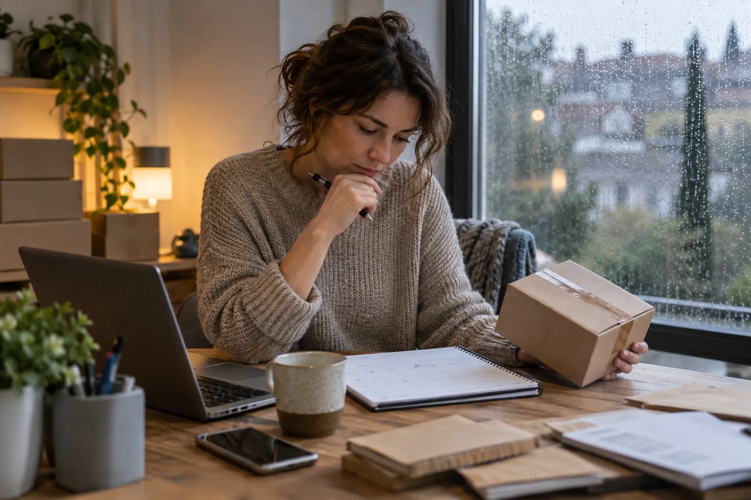 A small affiliate marketer reviews a paper calendar beside an unbranded parcel while rain falls outside the home office window.