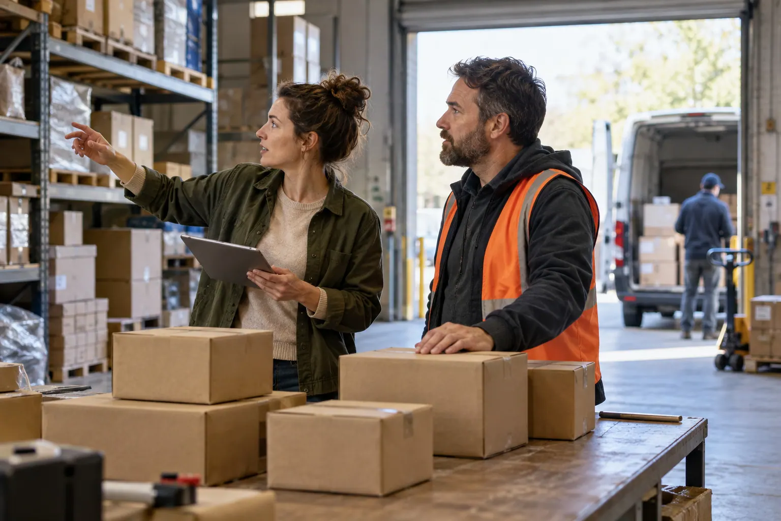 A small affiliate operator and a fulfillment supervisor review plain parcels and warehouse capacity beside a loading bay.