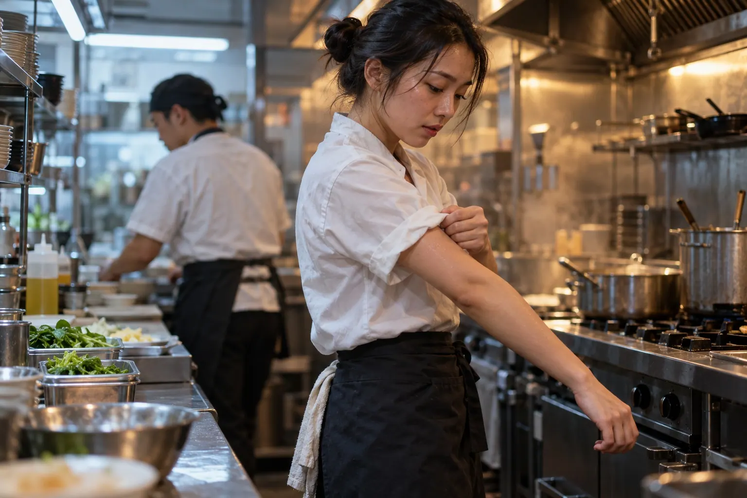 A cook tests a lightweight uniform near the hot line before a restaurant shift.