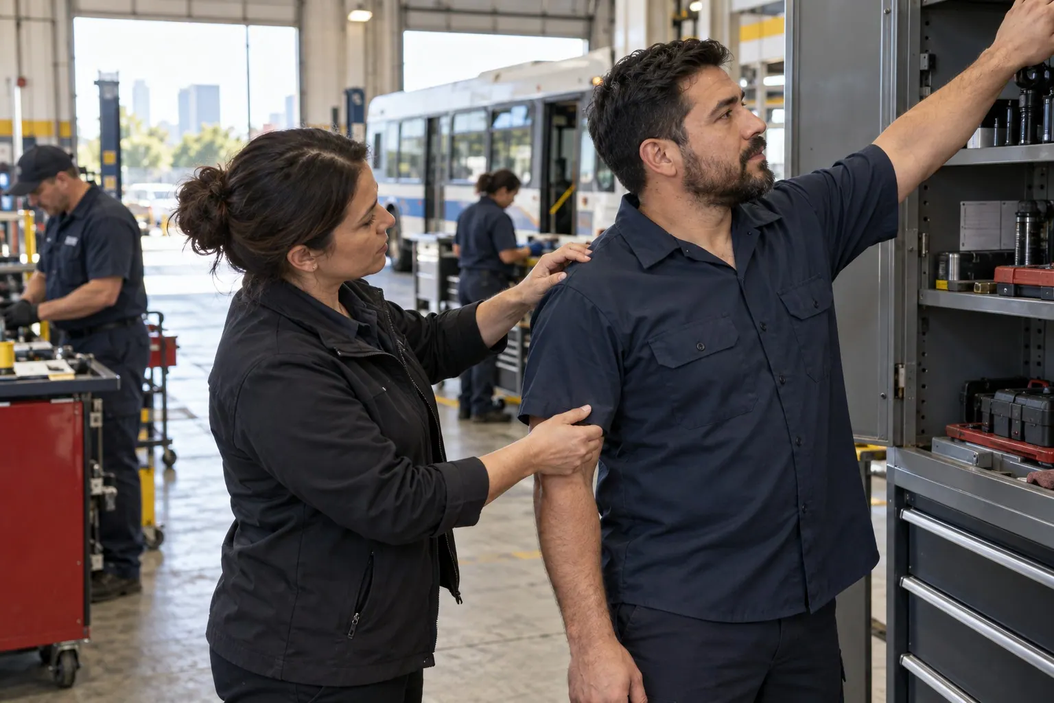 A facilities supervisor checks a mechanic’s sleeve movement during a role-based uniform fitting.