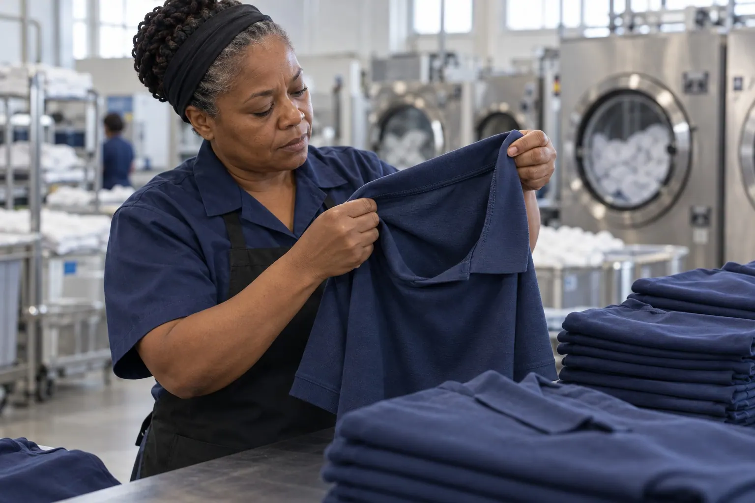 A laundry supervisor inspects the collar seam of a freshly washed work polo.