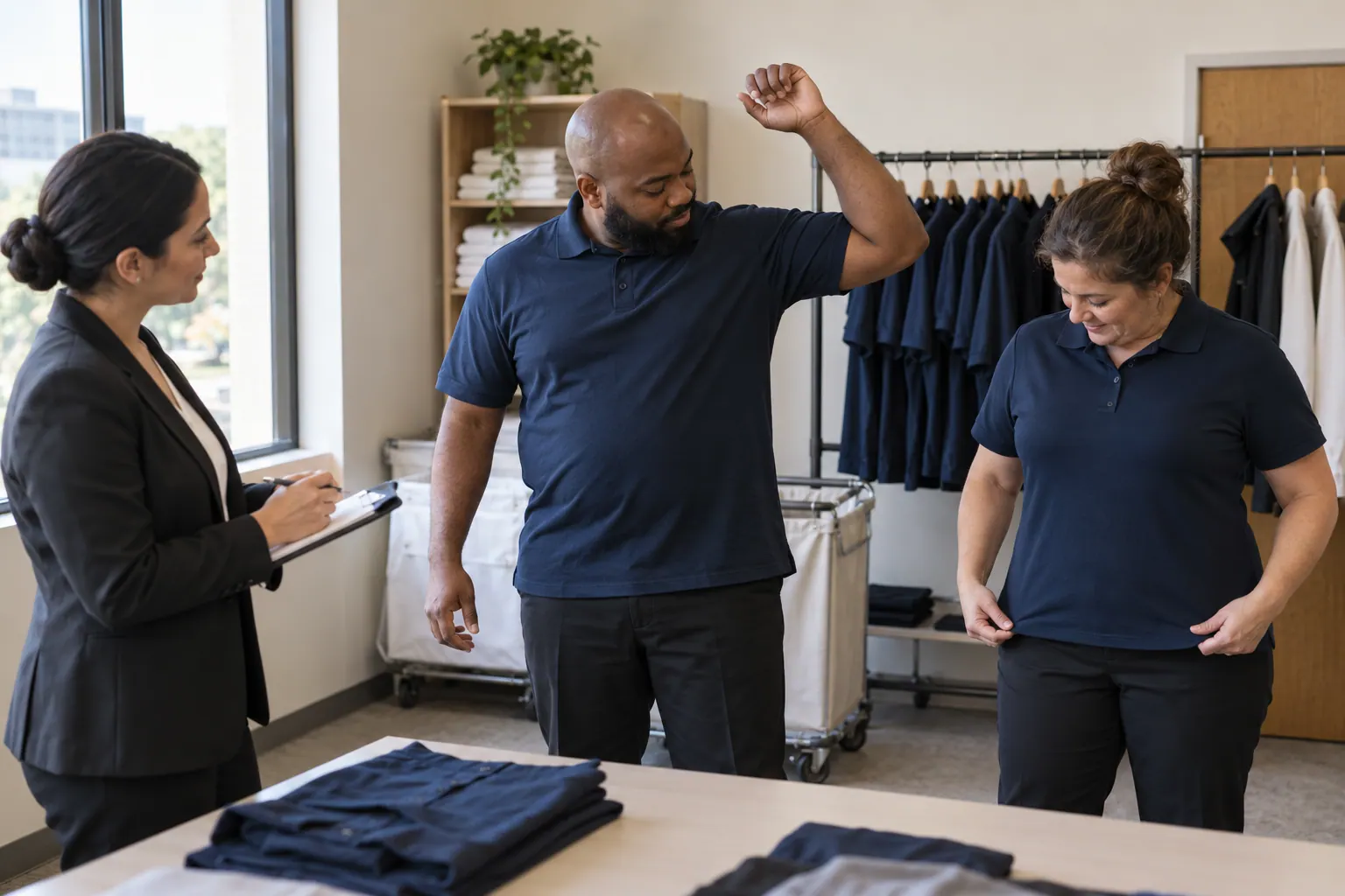 A uniform coordinator watches two employees check polo fit and arm reach in a staff room.