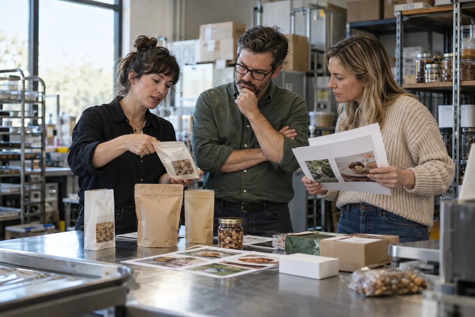 A team reviews campaign assets and production plans at a worktable.