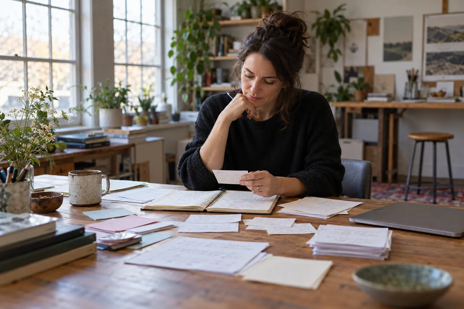 An educator reviews handwritten participant feedback cards and session notes at a studio table after a workshop.