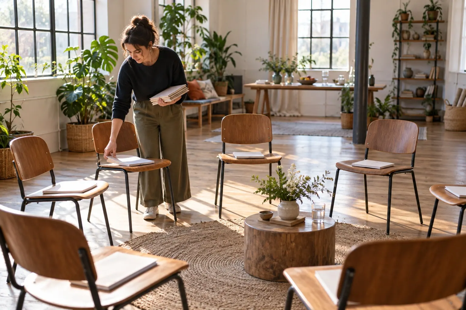 An instructor arranges notebooks on chairs in a bright studio before a small-group workshop.