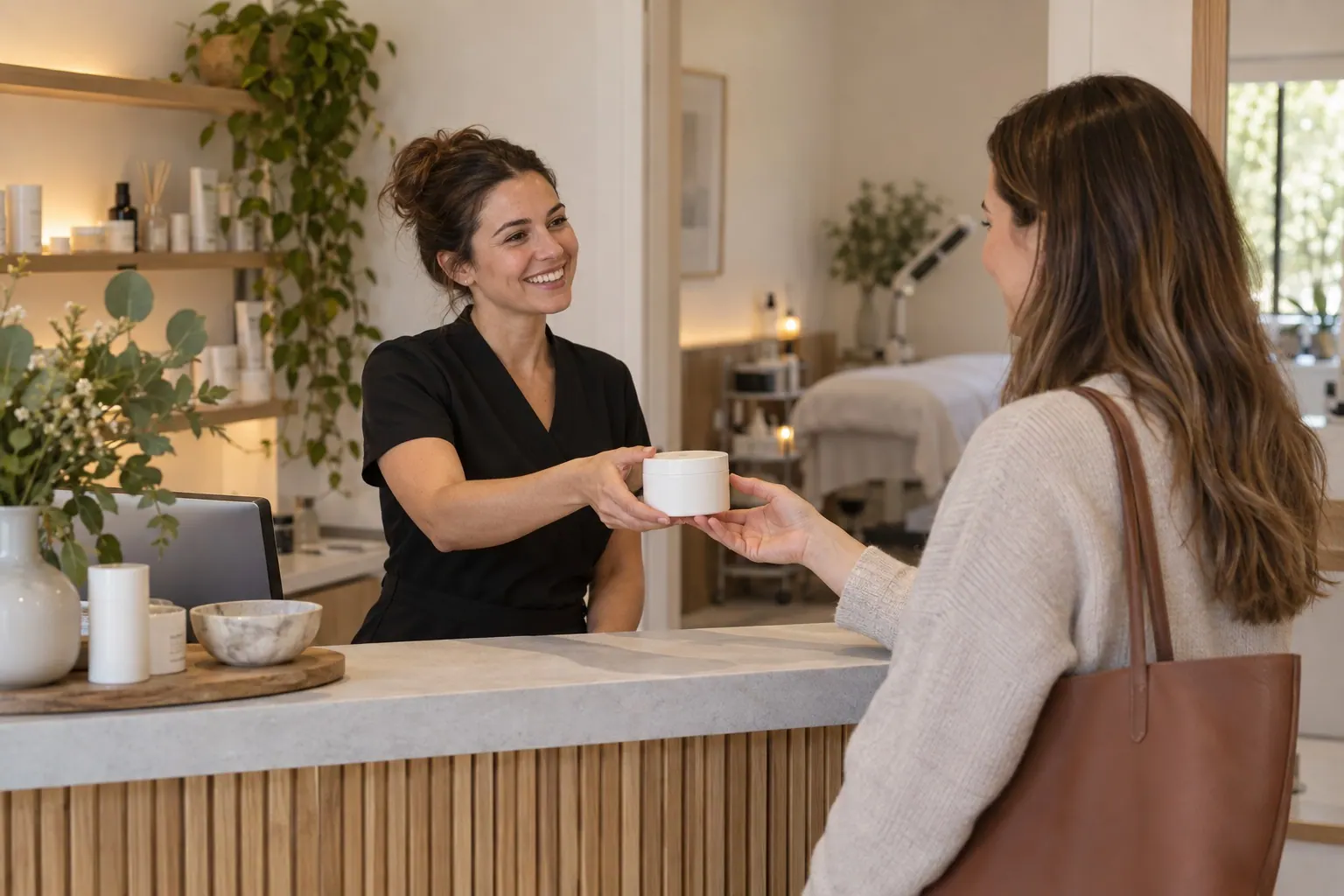 An esthetician offers a plain skincare jar to a client at the reception counter, with both focused on the product and no medical claims or readable labels.