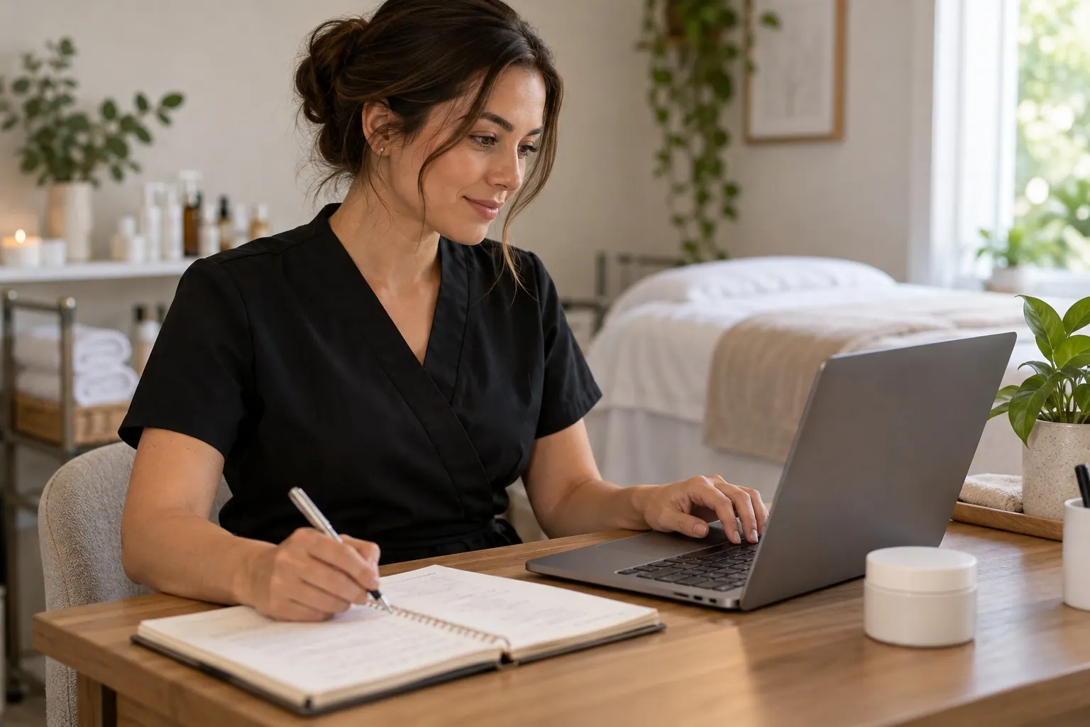 An esthetician prepares a client follow-up and educational content on a laptop beside plain skincare packaging, with no readable screen text.