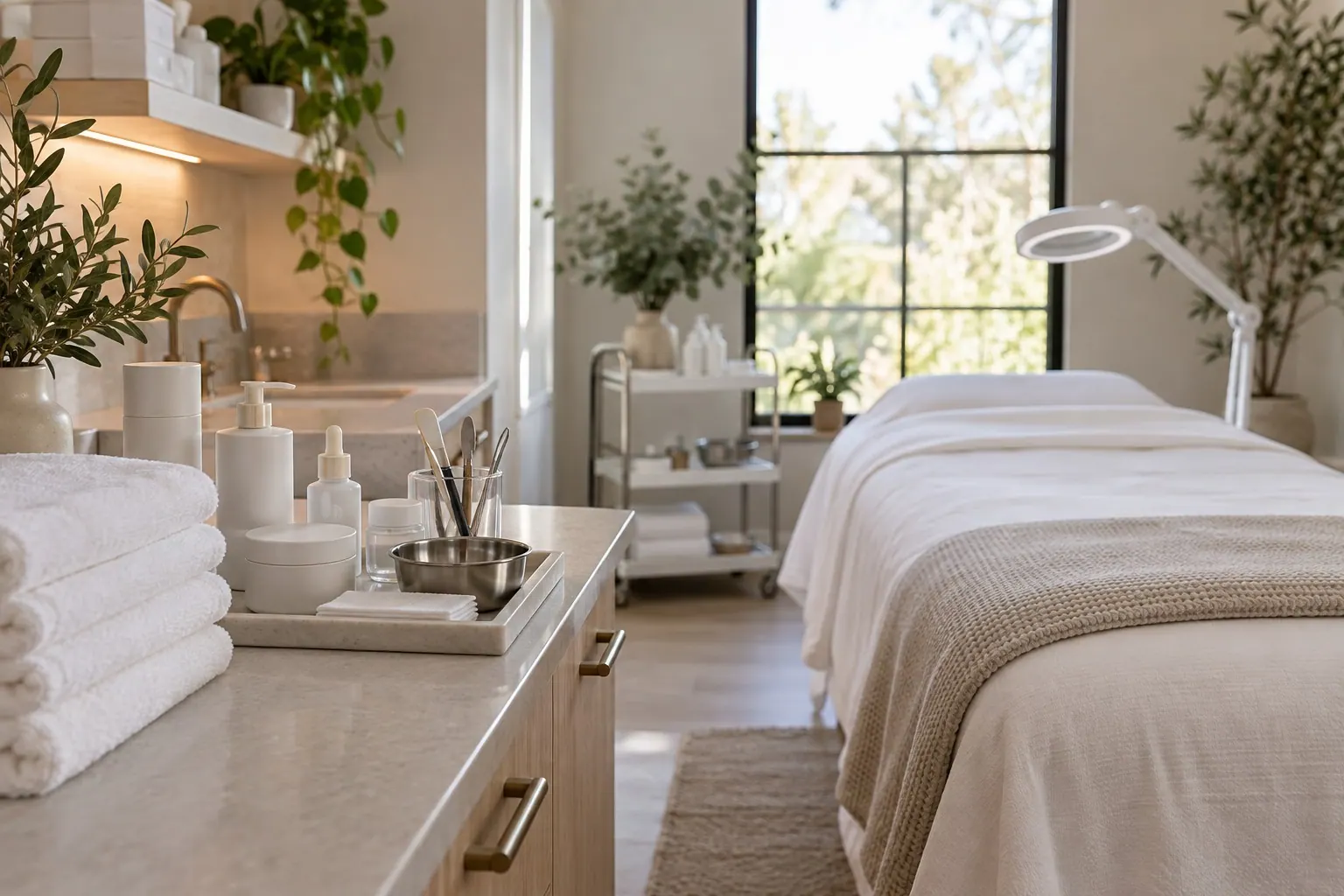 A quiet esthetician treatment room is prepared before a client arrives, with clean towels, a facial bed, and plain skincare products on a counter.