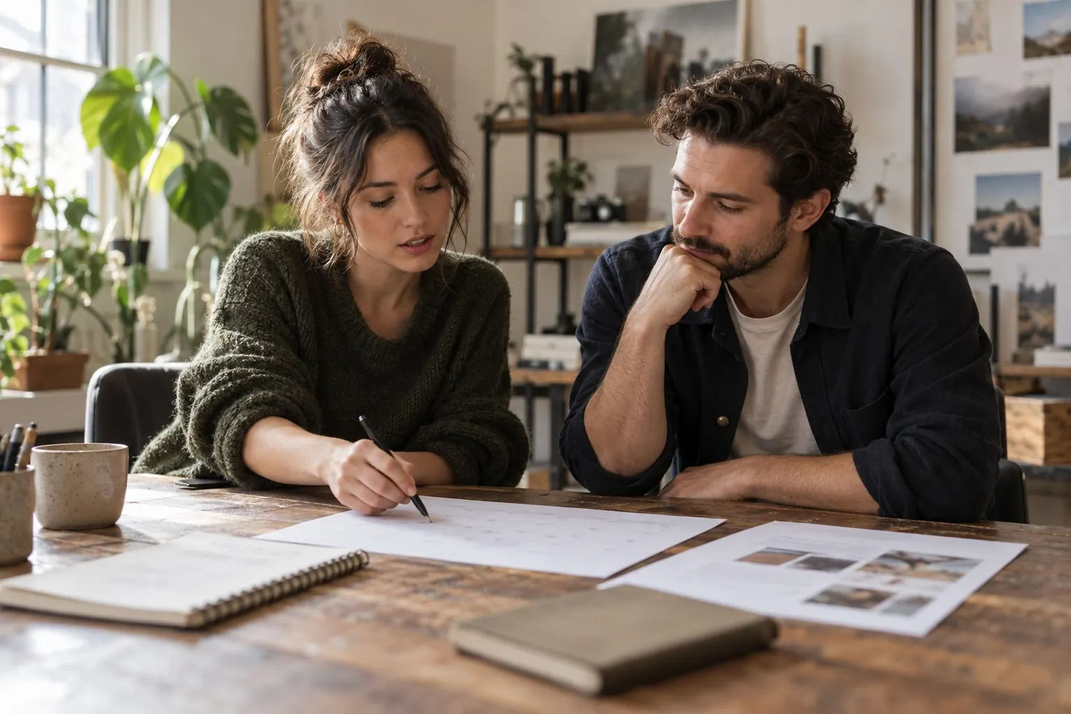 A creator and a brand representative review campaign commitments together at a working table.